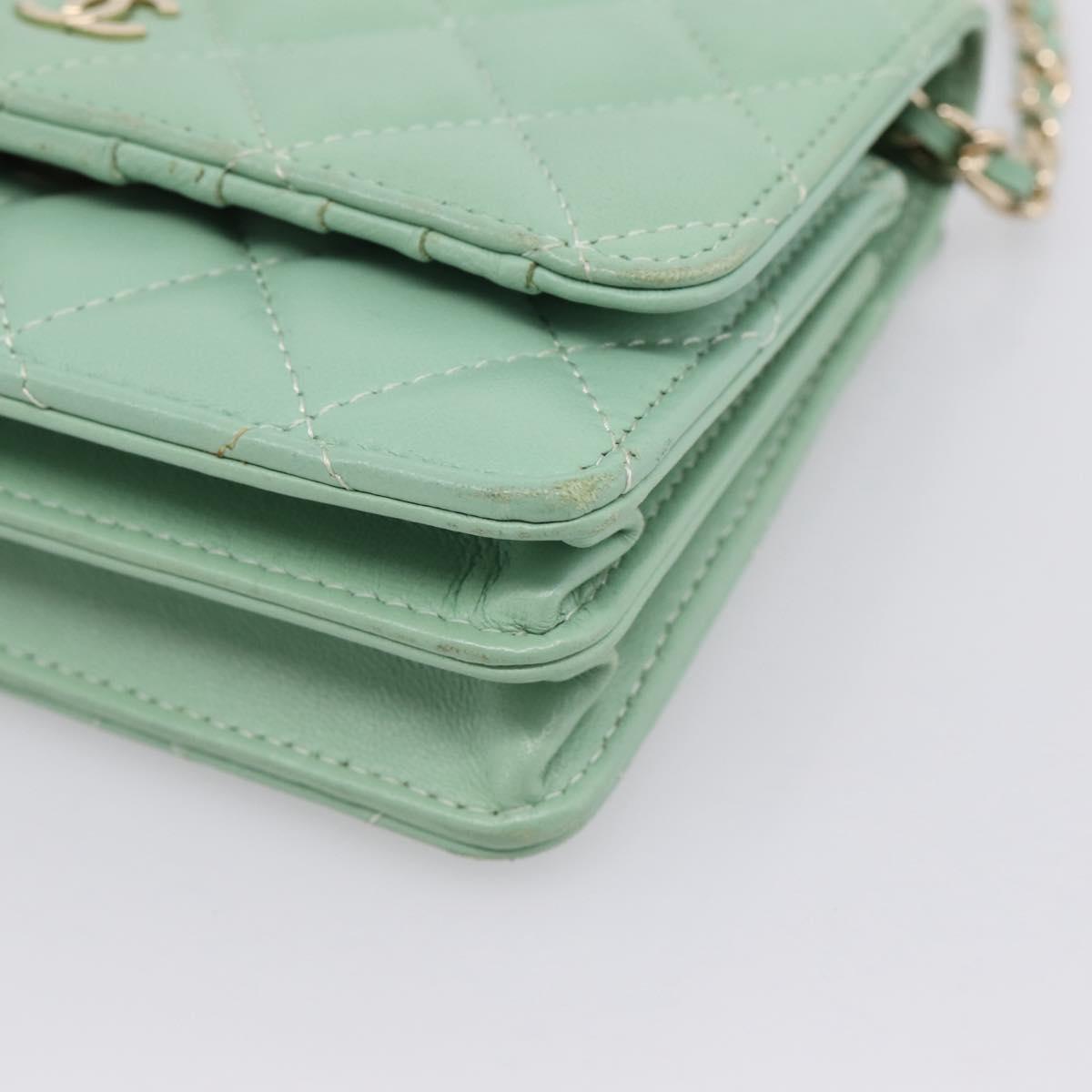 CHANEL Matelasse Chain Shoulder Wallet Lamb Skin Green Gold CC Auth am12655SAM