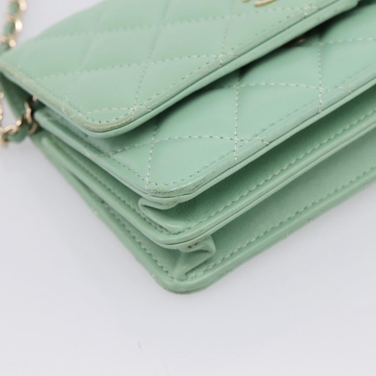 CHANEL Matelasse Chain Shoulder Wallet Lamb Skin Green Gold CC Auth am12655SAM