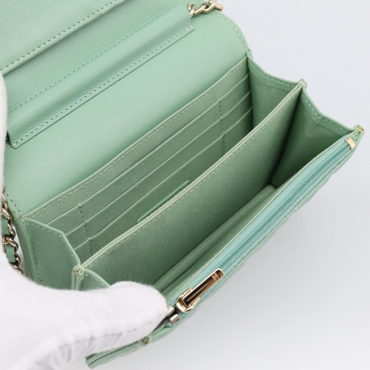 CHANEL Matelasse Chain Shoulder Wallet Lamb Skin Green Gold CC Auth am12655SAM