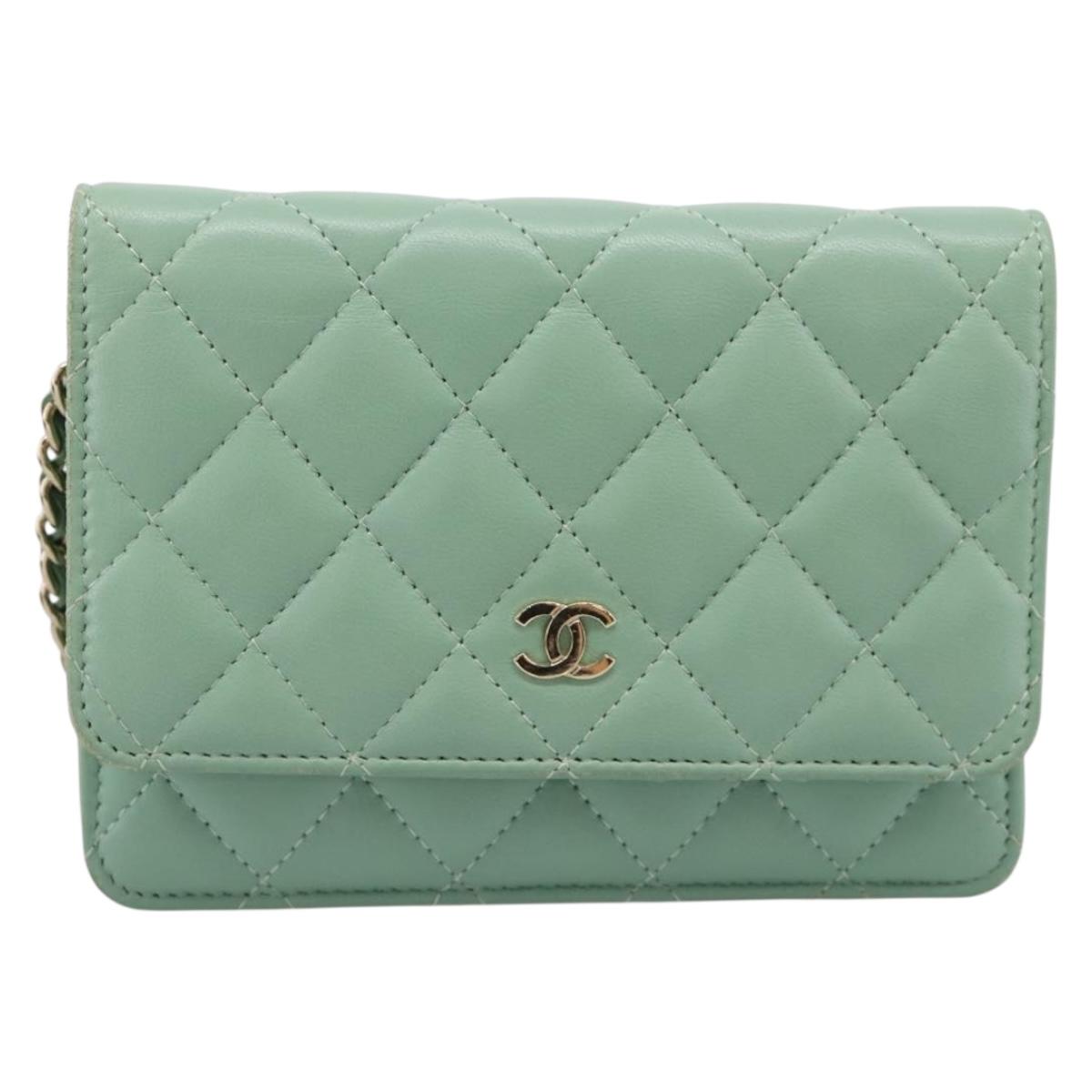 CHANEL Matelasse Chain Shoulder Wallet Lamb Skin Green Gold CC Auth am12655SAM