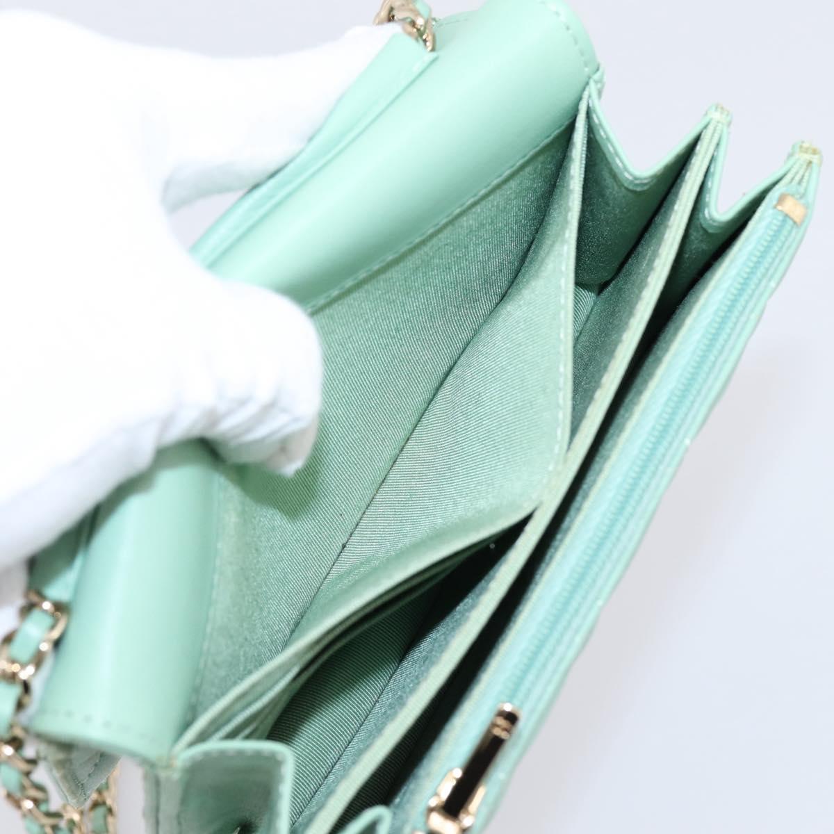 CHANEL Matelasse Chain Shoulder Wallet Lamb Skin Green Gold CC Auth am12655SAM