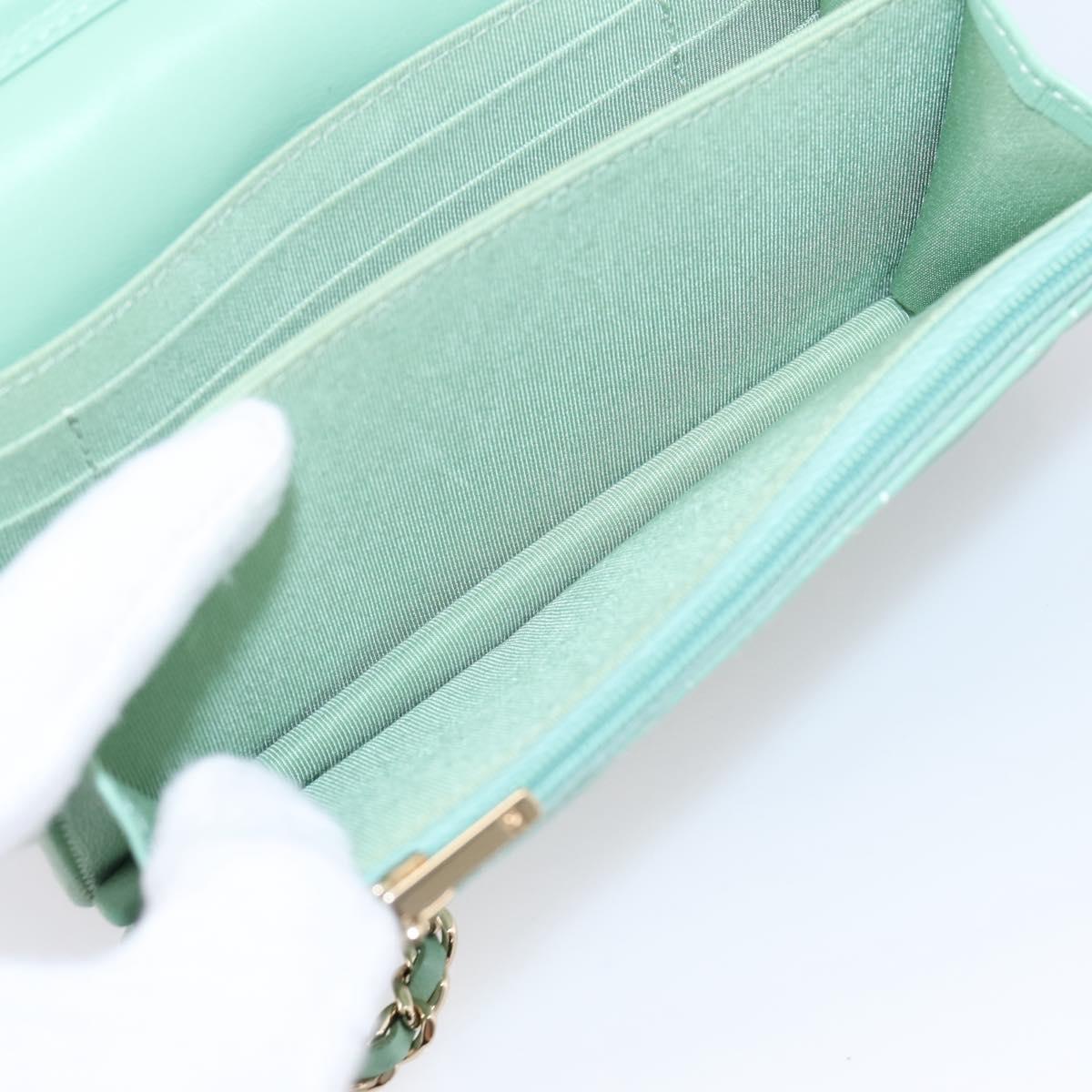 CHANEL Matelasse Chain Shoulder Wallet Lamb Skin Green Gold CC Auth am12655SAM