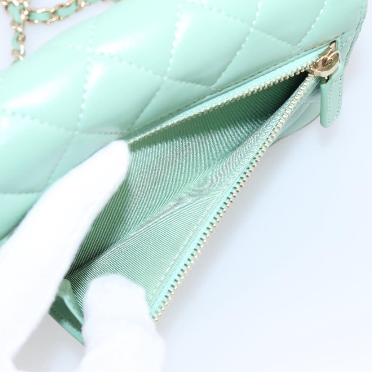 CHANEL Matelasse Chain Shoulder Wallet Lamb Skin Green Gold CC Auth am12655SAM