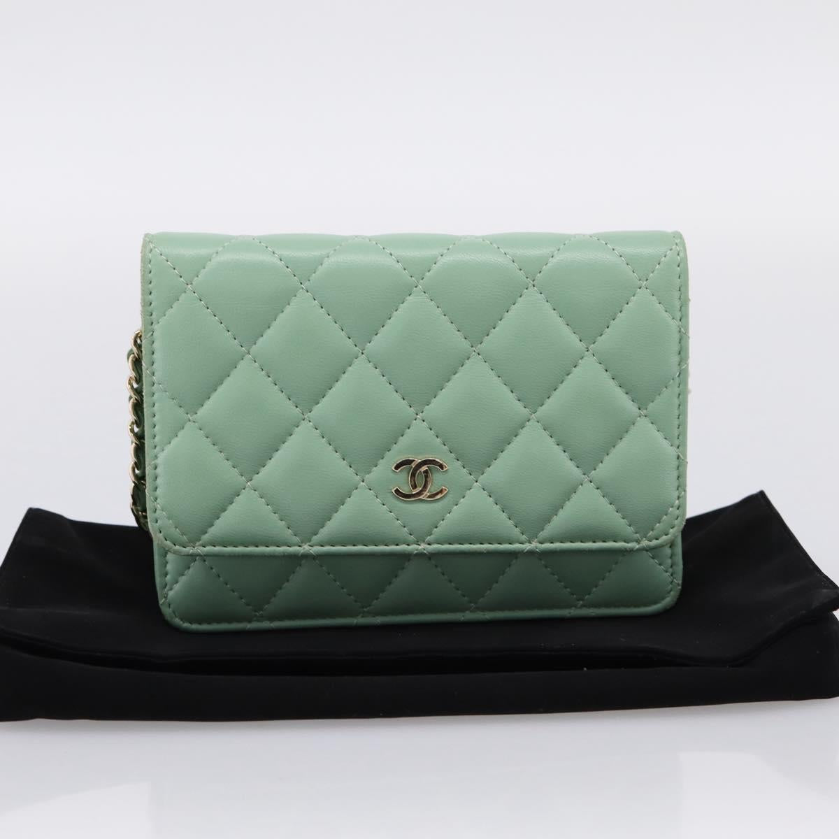 CHANEL Matelasse Chain Shoulder Wallet Lamb Skin Green Gold CC Auth am12655SAM