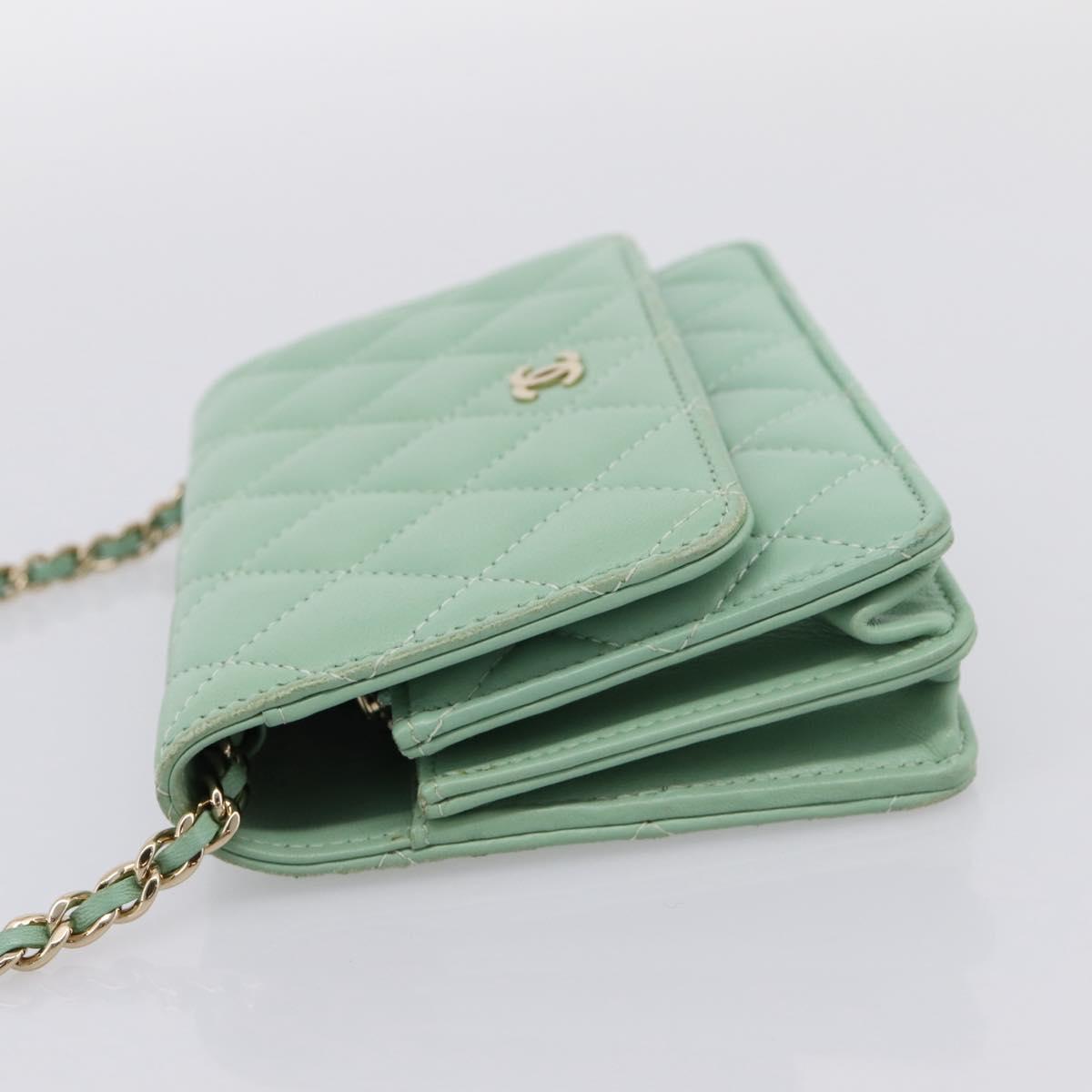 CHANEL Matelasse Chain Shoulder Wallet Lamb Skin Green Gold CC Auth am12655SAM