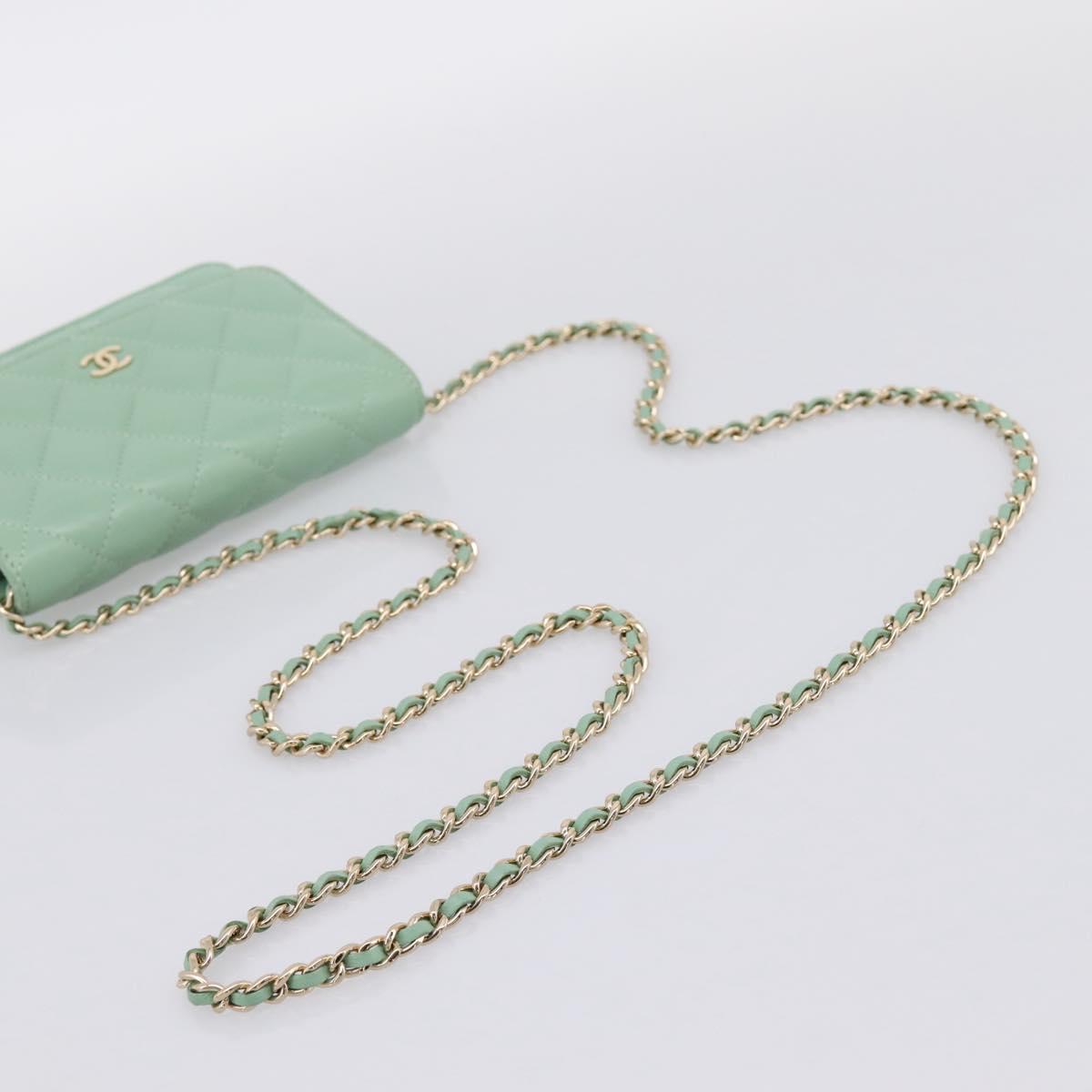 CHANEL Matelasse Chain Shoulder Wallet Lamb Skin Green Gold CC Auth am12655SAM