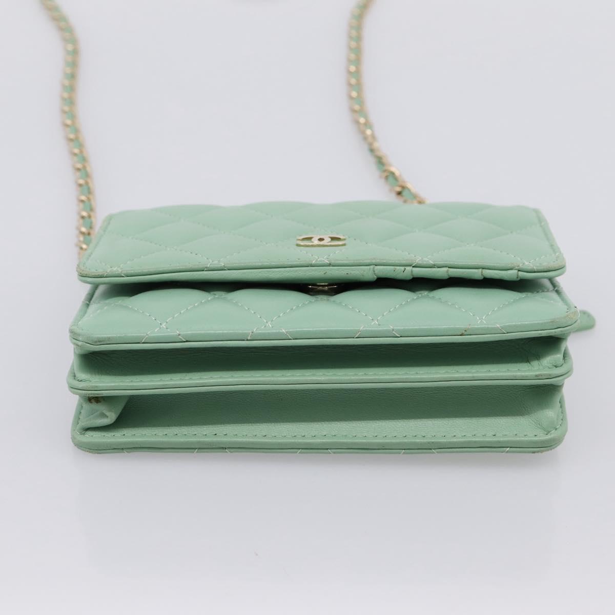 CHANEL Matelasse Chain Shoulder Wallet Lamb Skin Green Gold CC Auth am12655SAM