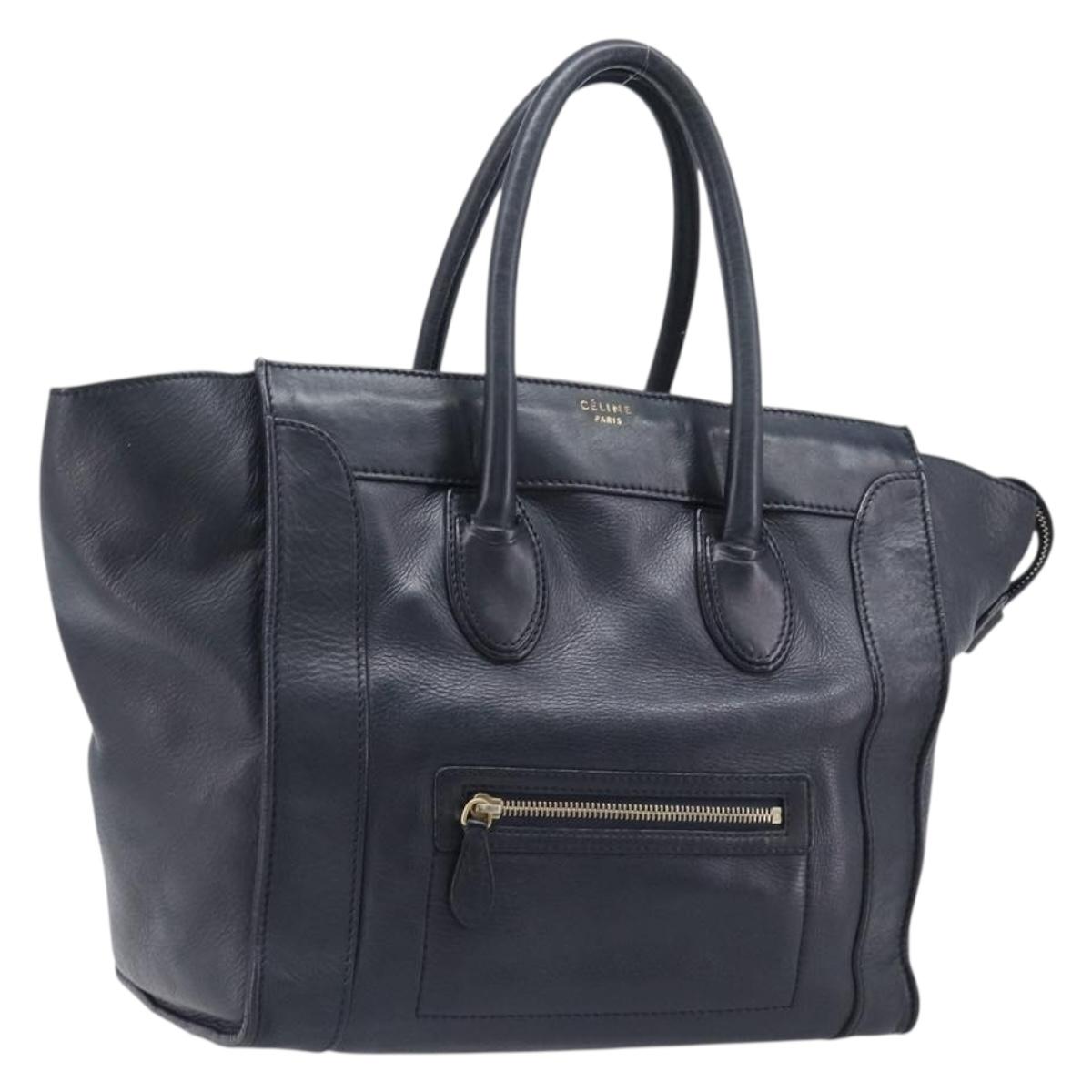 CELINE Luggage Mini Shopper Hand Bag Leather Navy Gold Auth am12658A