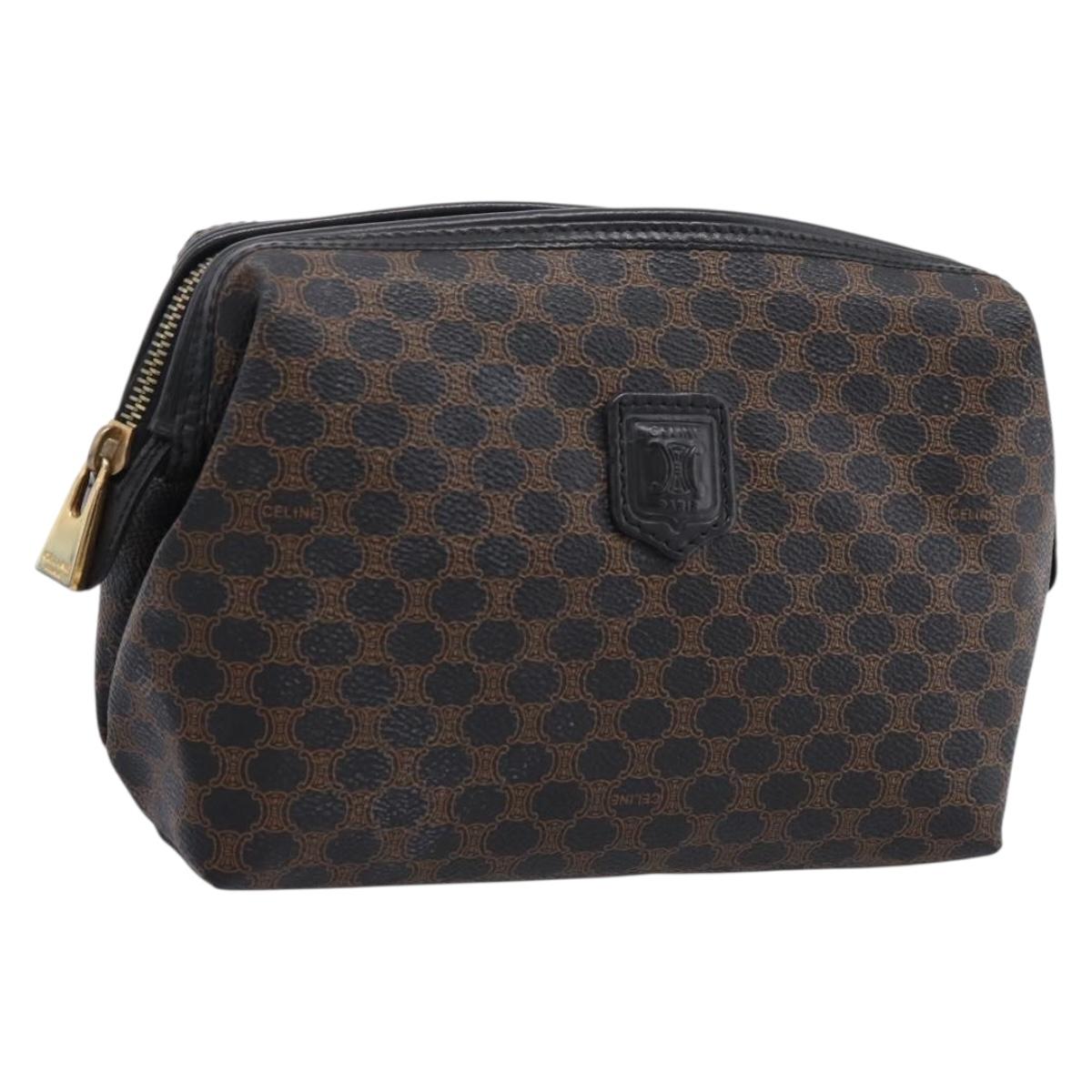 CELINE Macadam Canvas Pouch PVC Leather Black Gold Tone Auth am12663V