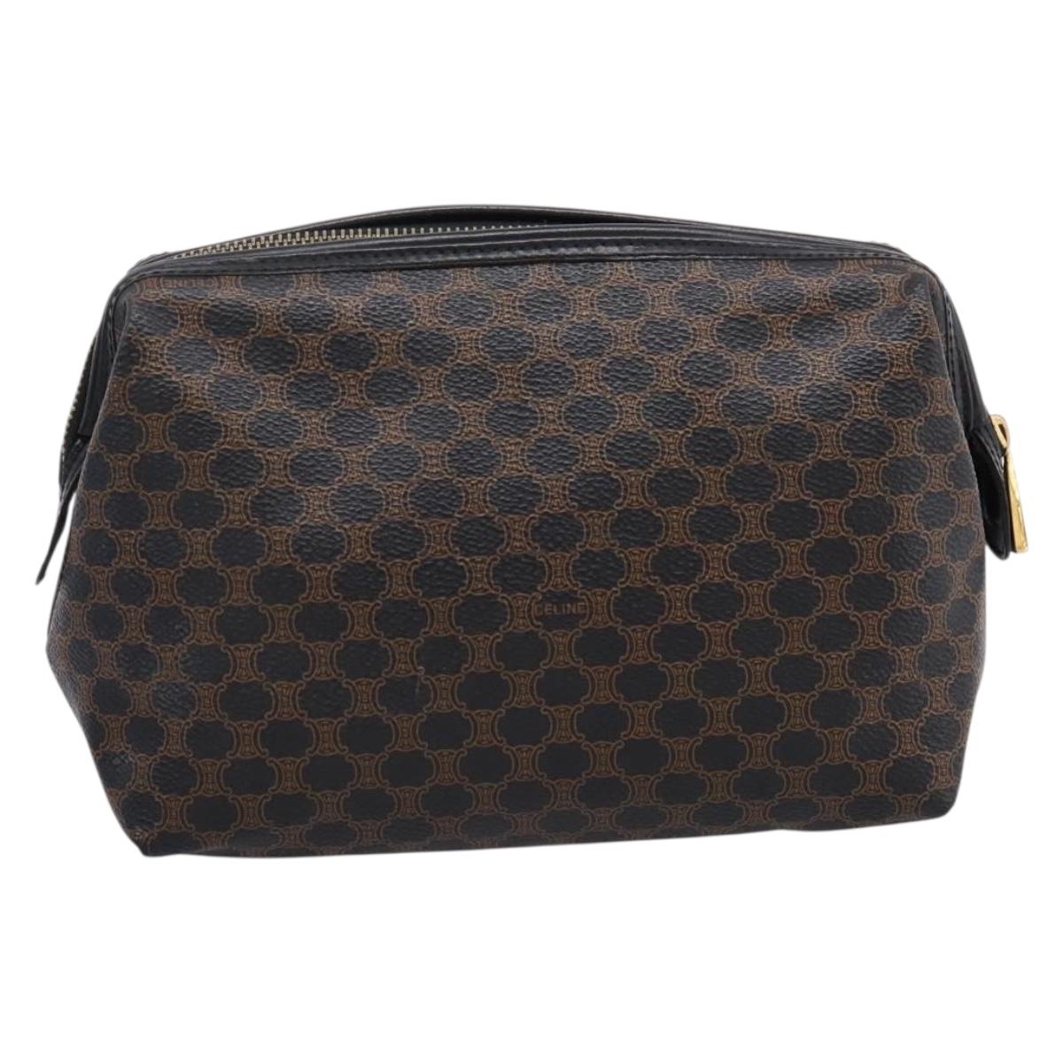 CELINE Macadam Canvas Pouch PVC Leather Black Gold Tone Auth am12663V