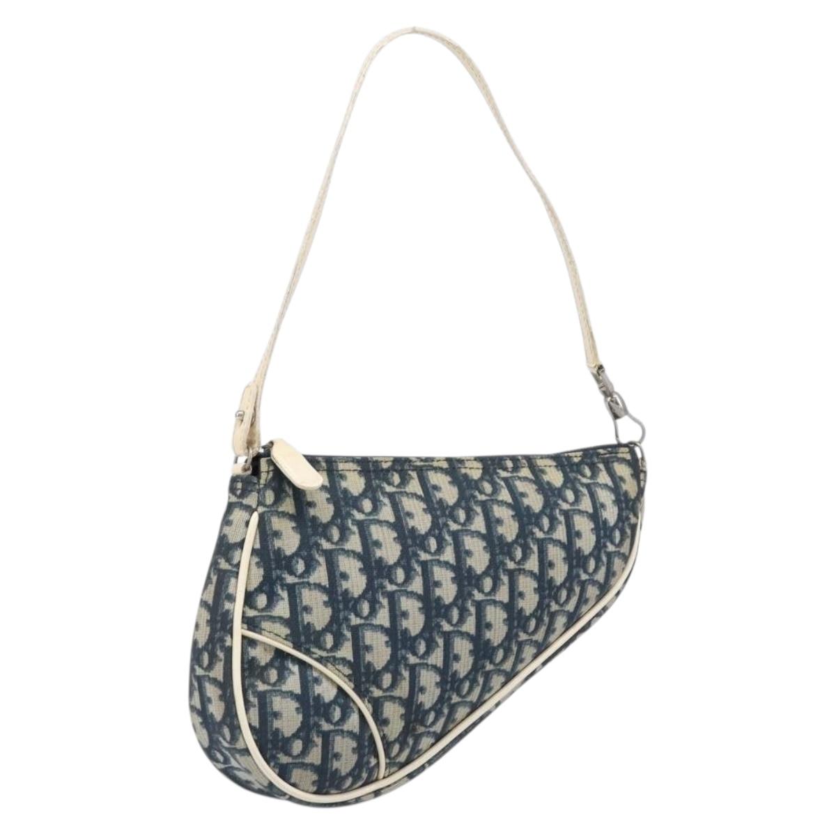 Christian Dior Trotter Canvas Saddle Pouch PVC Navy Silver Auth am12667A