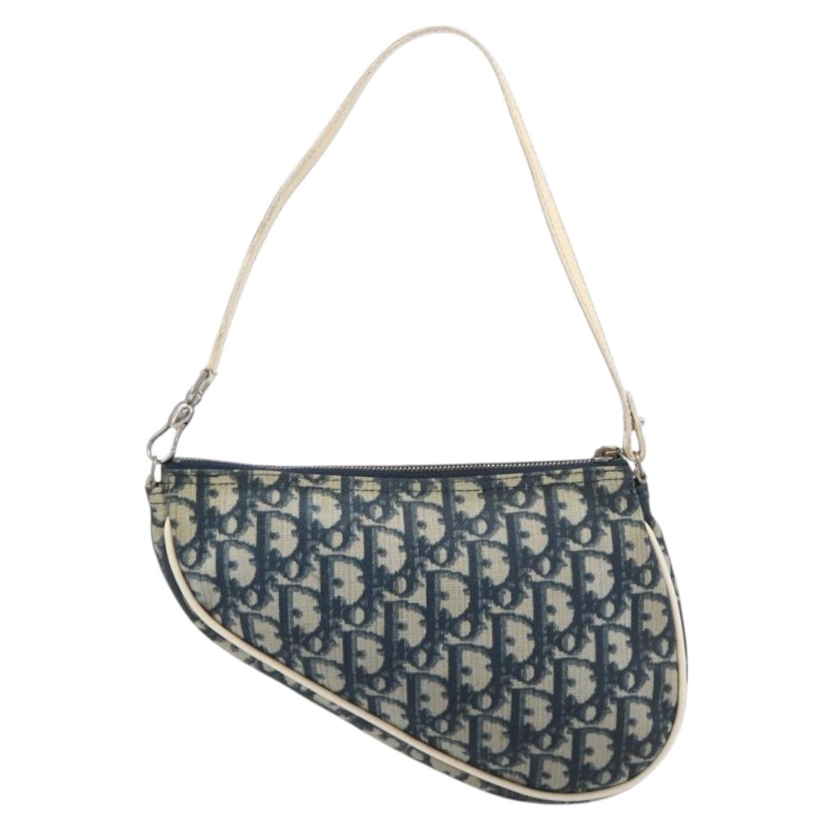 Christian Dior Trotter Canvas Saddle Pouch PVC Navy Silver Auth am12667A