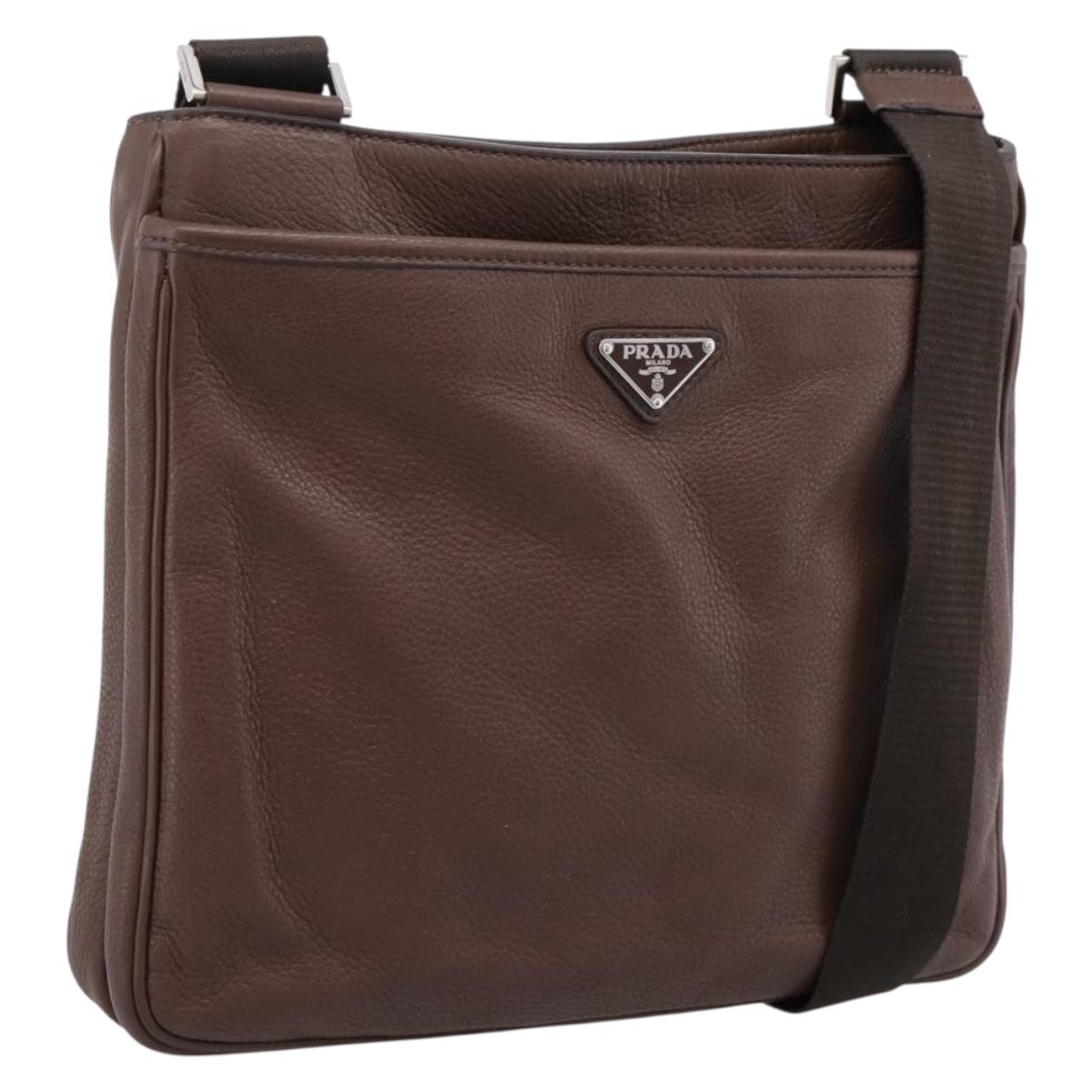 PRADA Shoulder Bag Taurillon Leather Brown Silver Auth am12669V