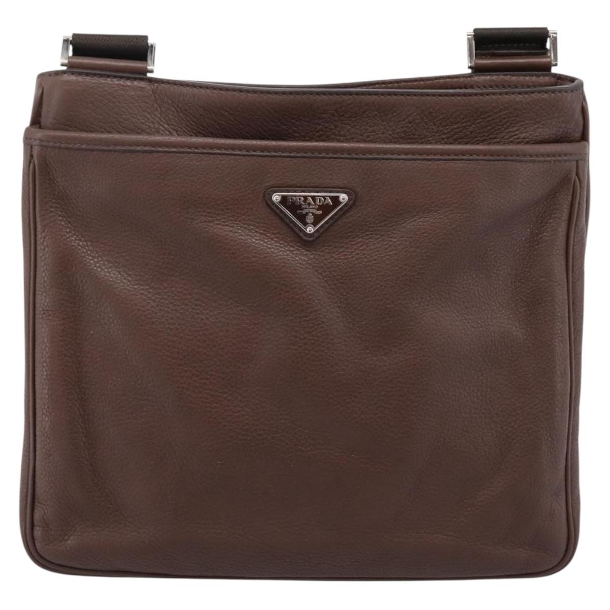 PRADA Shoulder Bag Taurillon Leather Brown Silver Auth am12669V