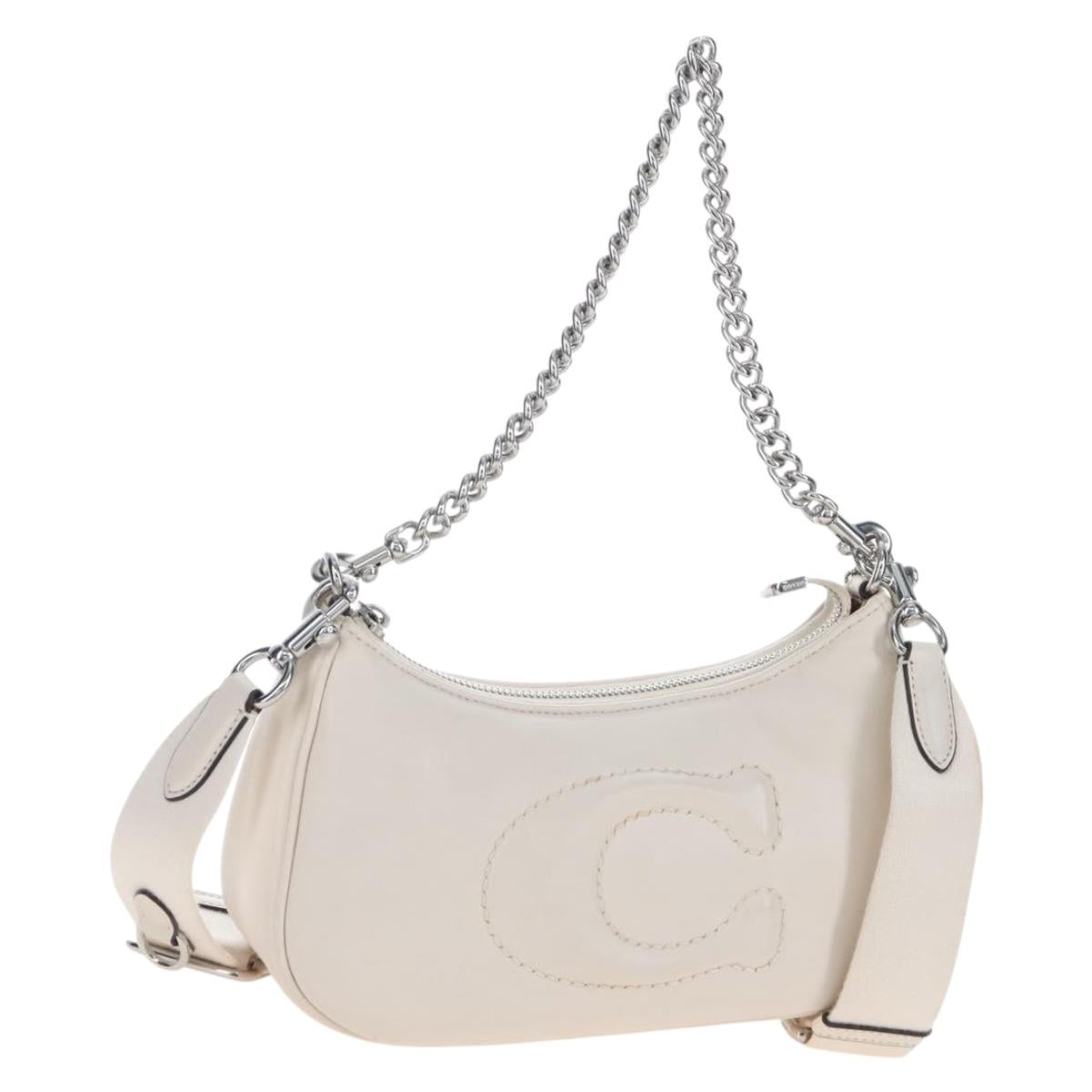 Coach Chain Teri Shoulder Bag Leather White Silver Auth am12672V