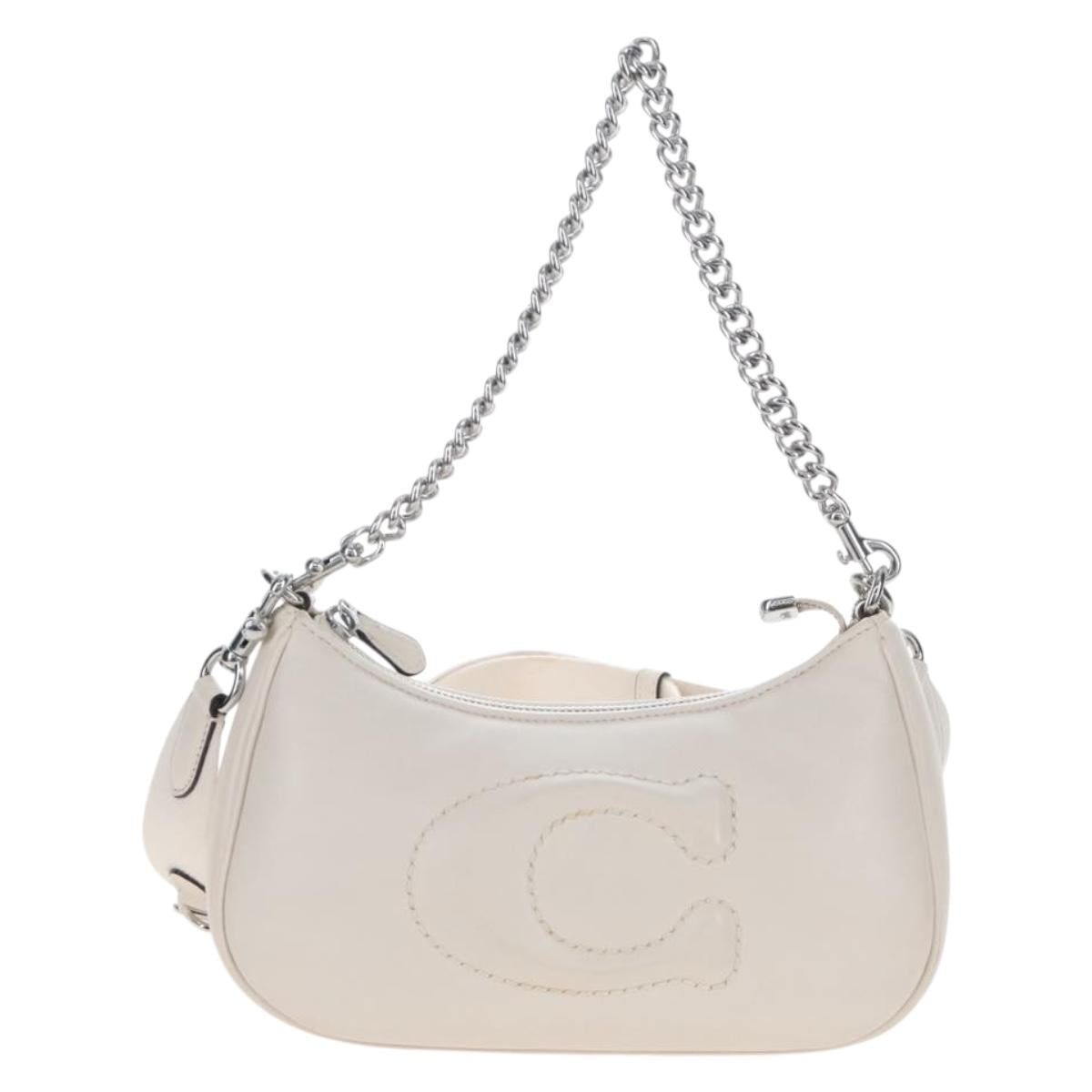 Coach Chain Teri Shoulder Bag Leather White Silver Auth am12672V
