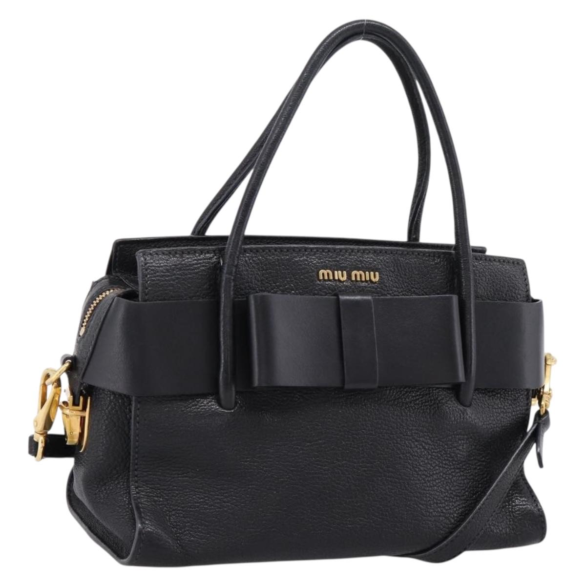 Miu Miu Front Ribbon Hand Bag Leather 2way Black Gold Auth am12684V