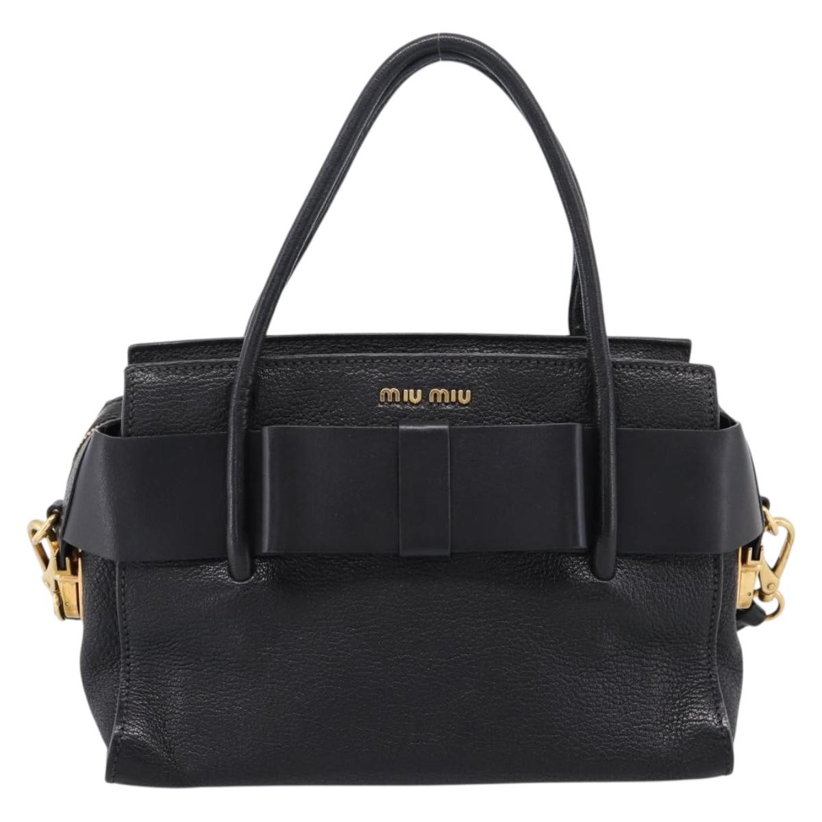 Miu Miu Front Ribbon Hand Bag Leather 2way Black Gold Auth am12684V