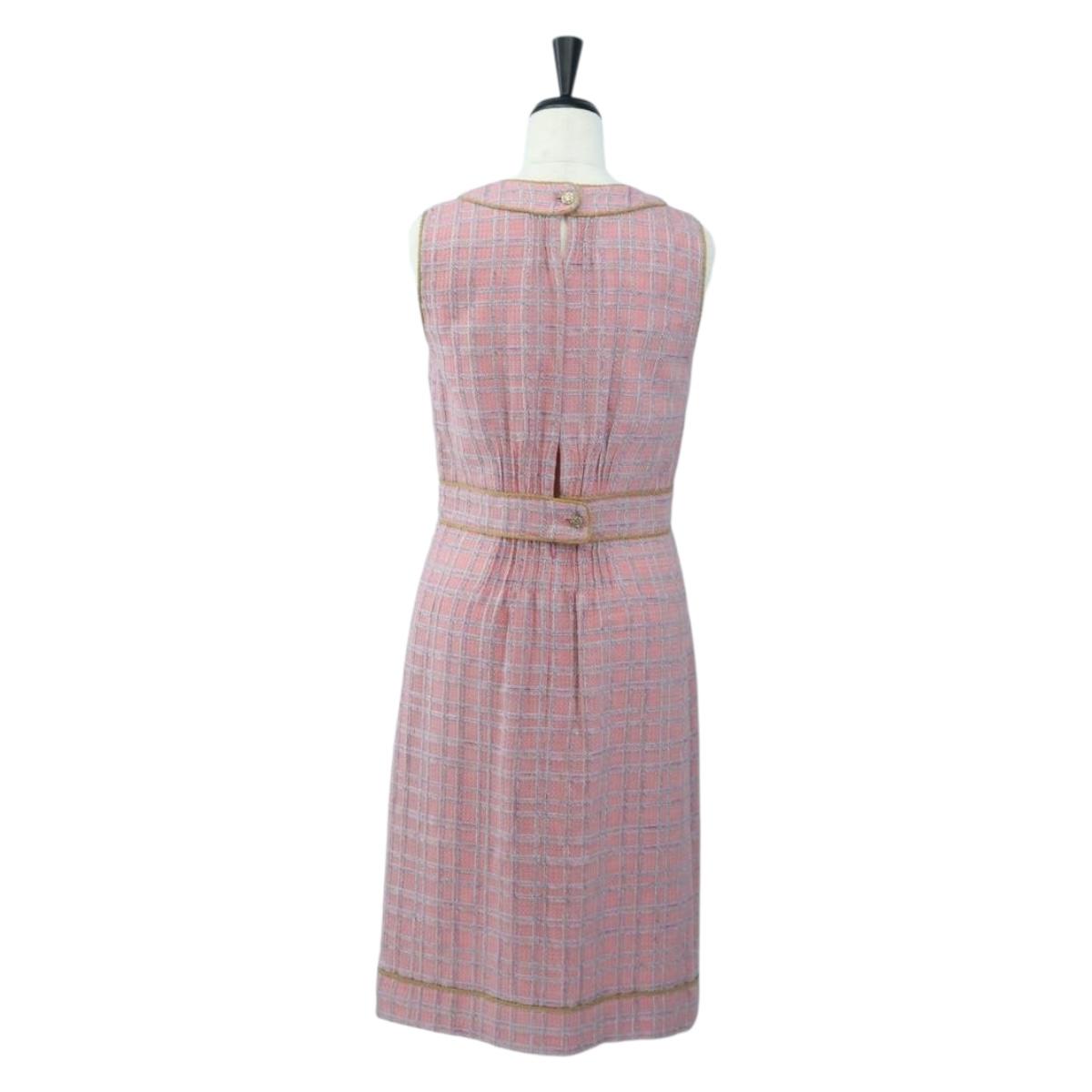 CHANEL No Sleeve Dress Tweed 36 Pink Gold CC Auth am12696M