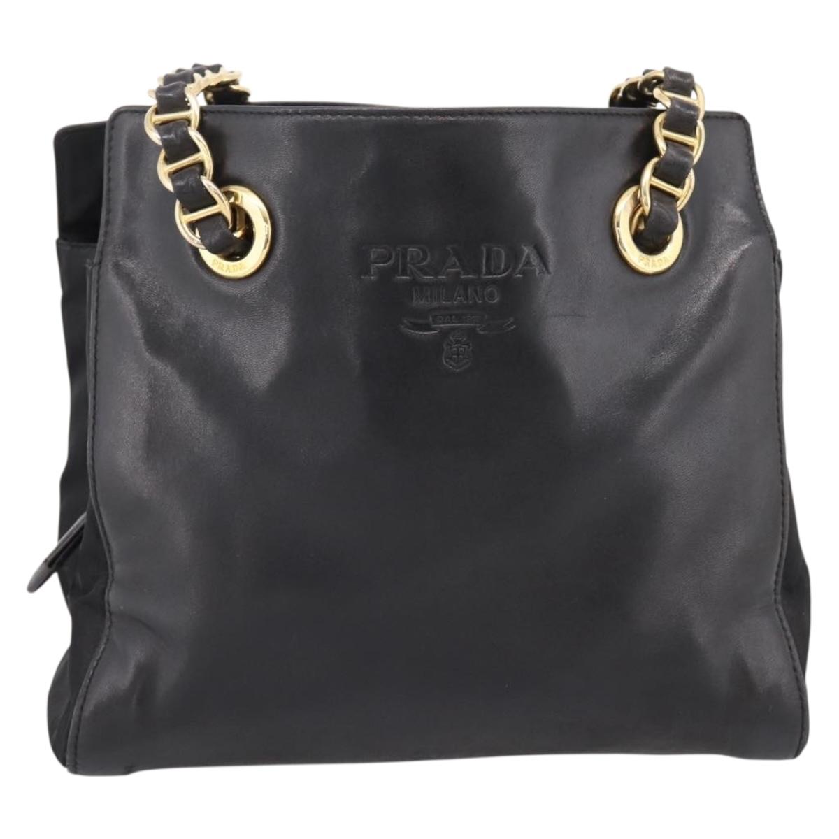 PRADA Chain Tote Bag Leather Nylon Black Gold Auth am12698V