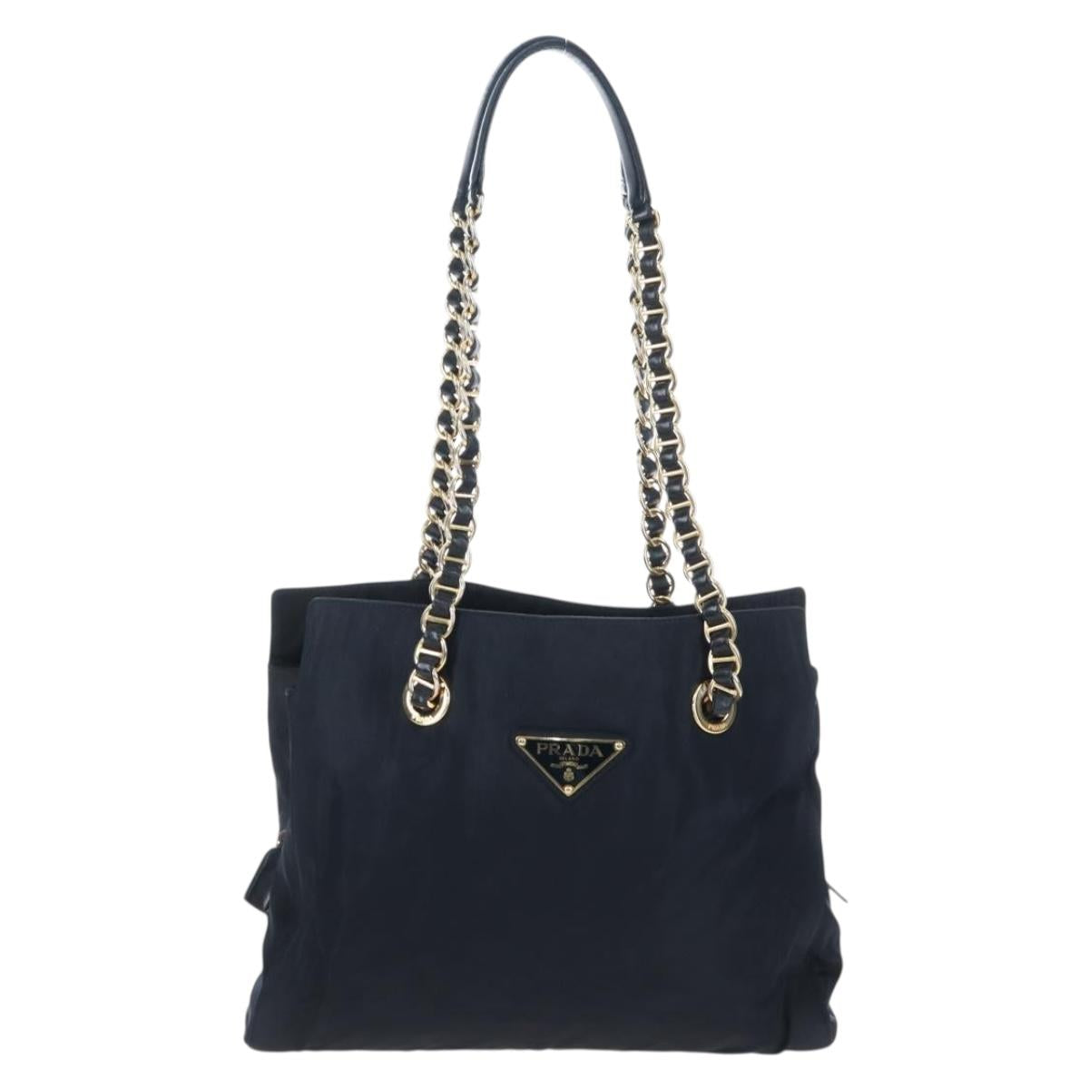 PRADA Chain Tote Bag Nylon Navy Gold Auth am12703V