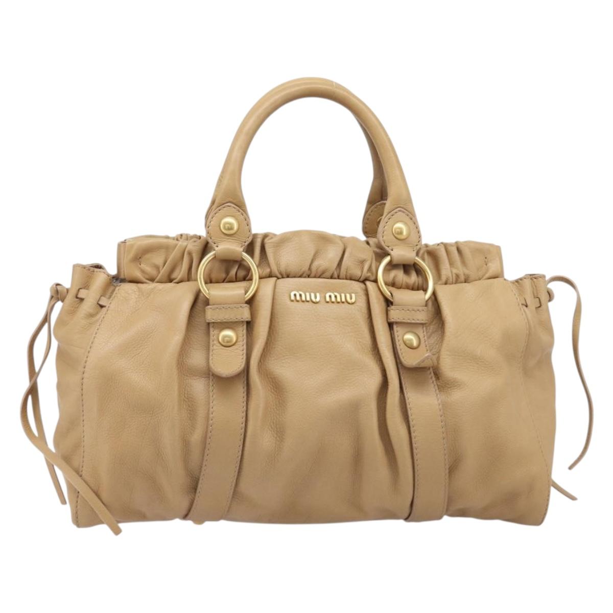 Miu Miu Side Ribbon Hand Bag Leather Beige Gold Auth am12704V