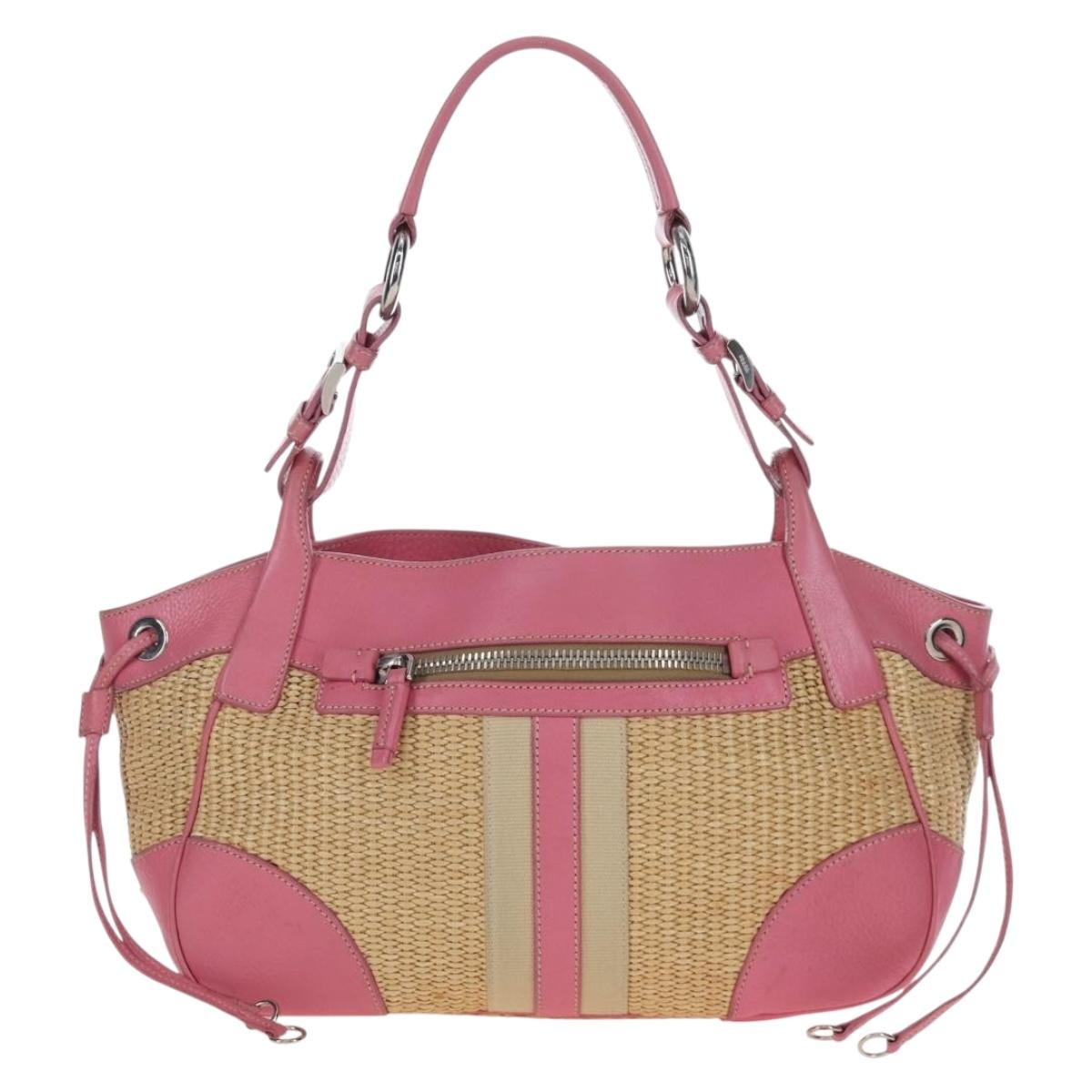 PRADA Shoulder Bag Raffia Beige Pink Silver Auth am12710V
