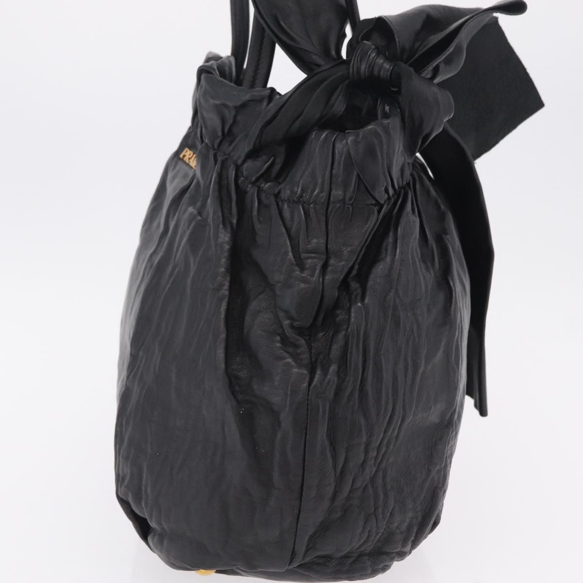 PRADA Side Ribbon Tote Bag Leather Black Gold Auth am12722V