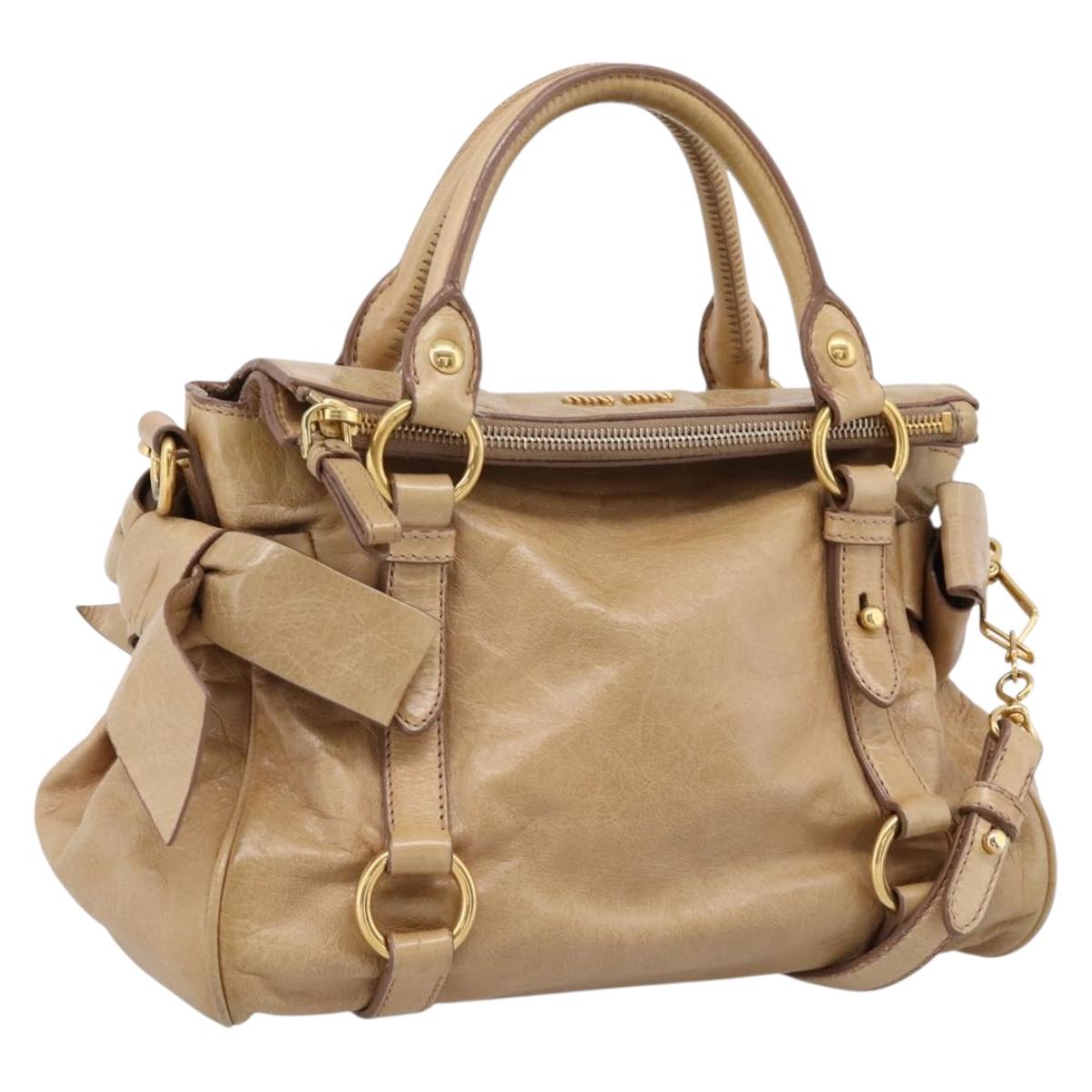 Miu Miu Side Ribbon Hand Bag Leather 2way Beige Gold Auth am12726V