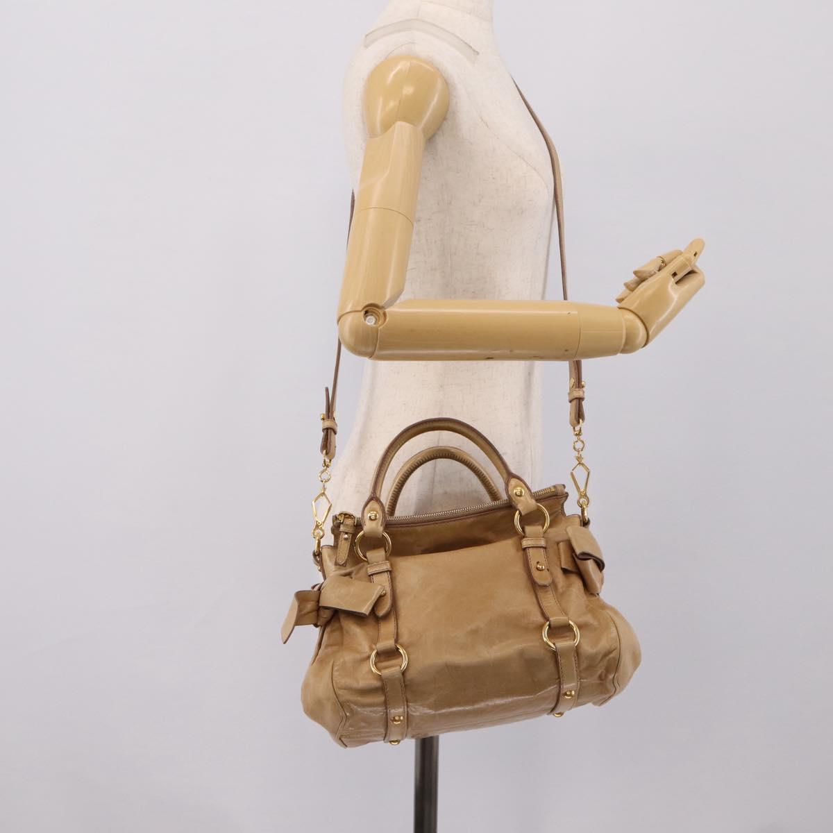 Miu Miu Side Ribbon Hand Bag Leather 2way Beige Gold Auth am12726V