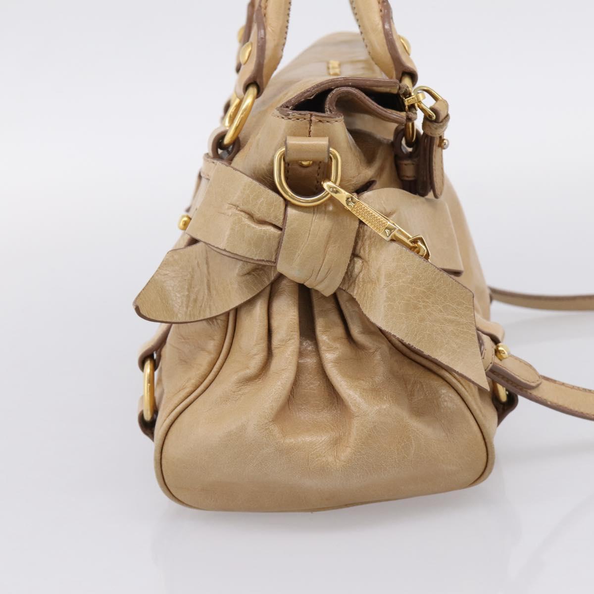 Miu Miu Side Ribbon Hand Bag Leather 2way Beige Gold Auth am12726V