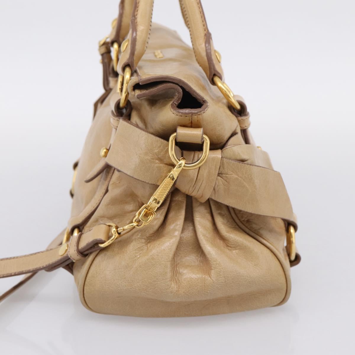 Miu Miu Side Ribbon Hand Bag Leather 2way Beige Gold Auth am12726V