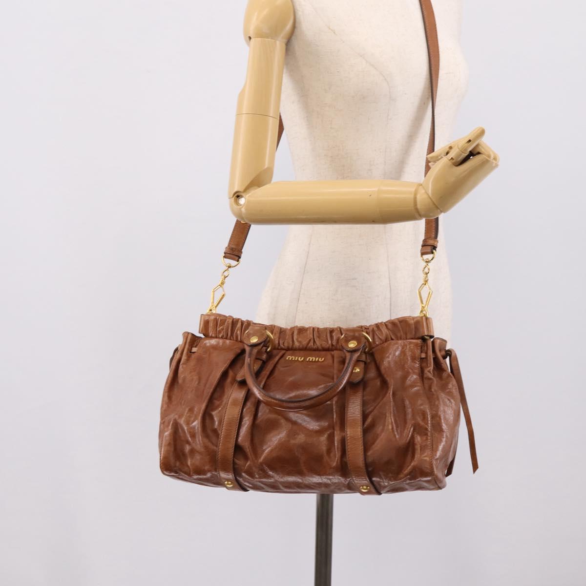 Miu Miu Side Ribbon Hand Bag Leather 2way Brown Gold RT0383 Auth am12737M