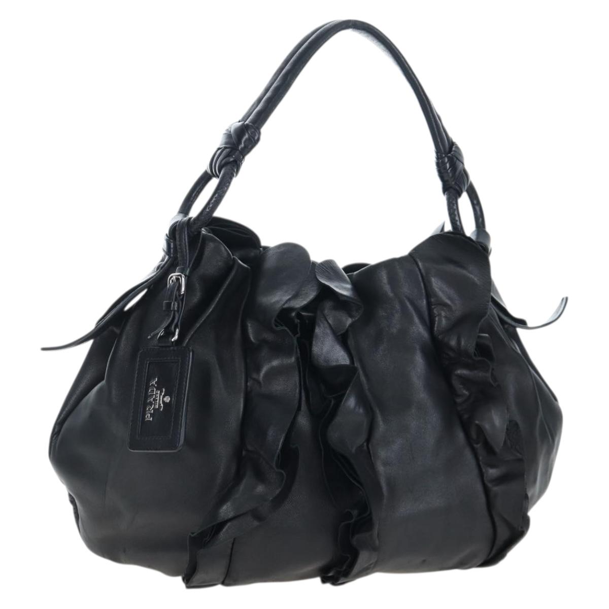 PRADA Frill Shoulder Bag Leather Black Silver Auth am12754V