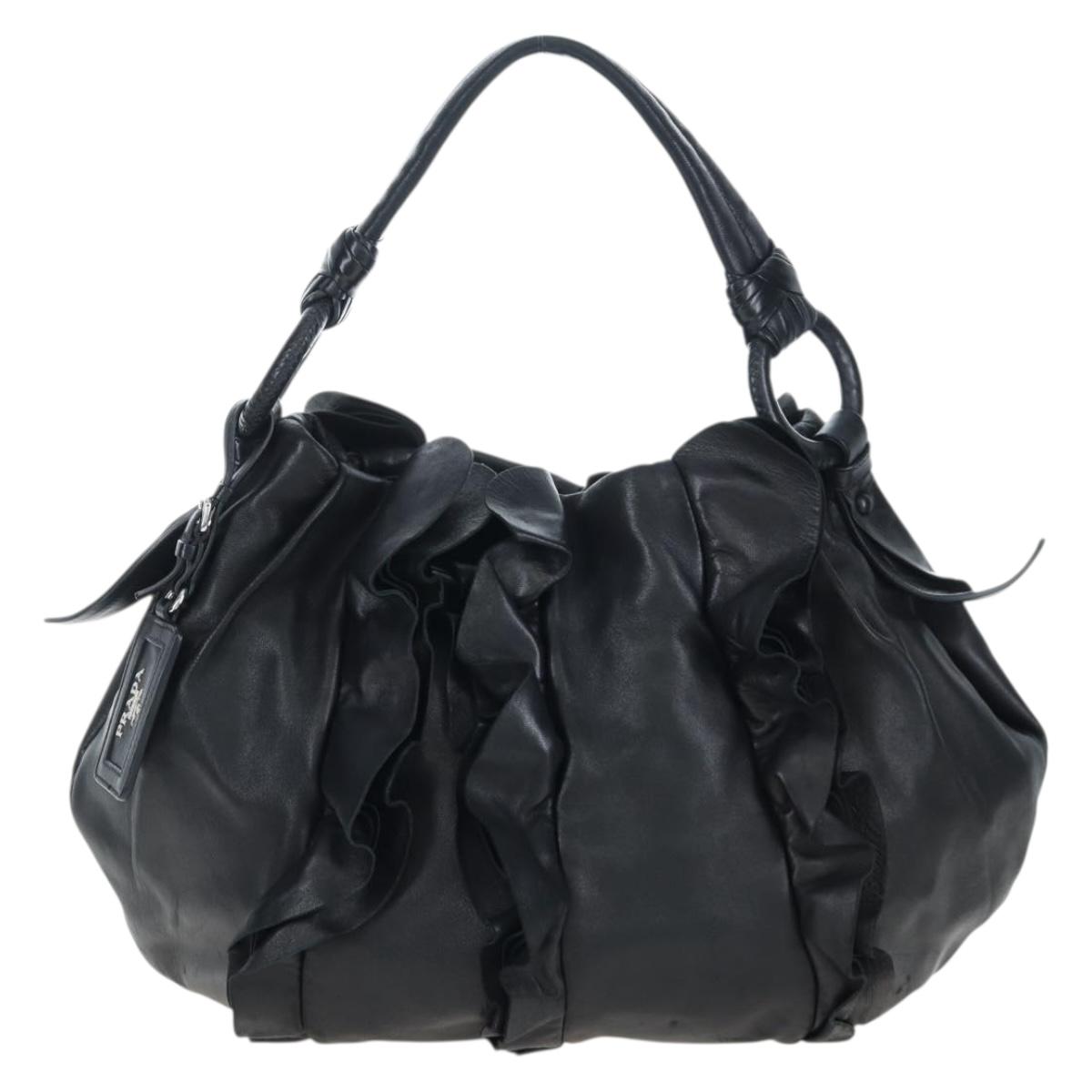 PRADA Frill Shoulder Bag Leather Black Silver Auth am12754V