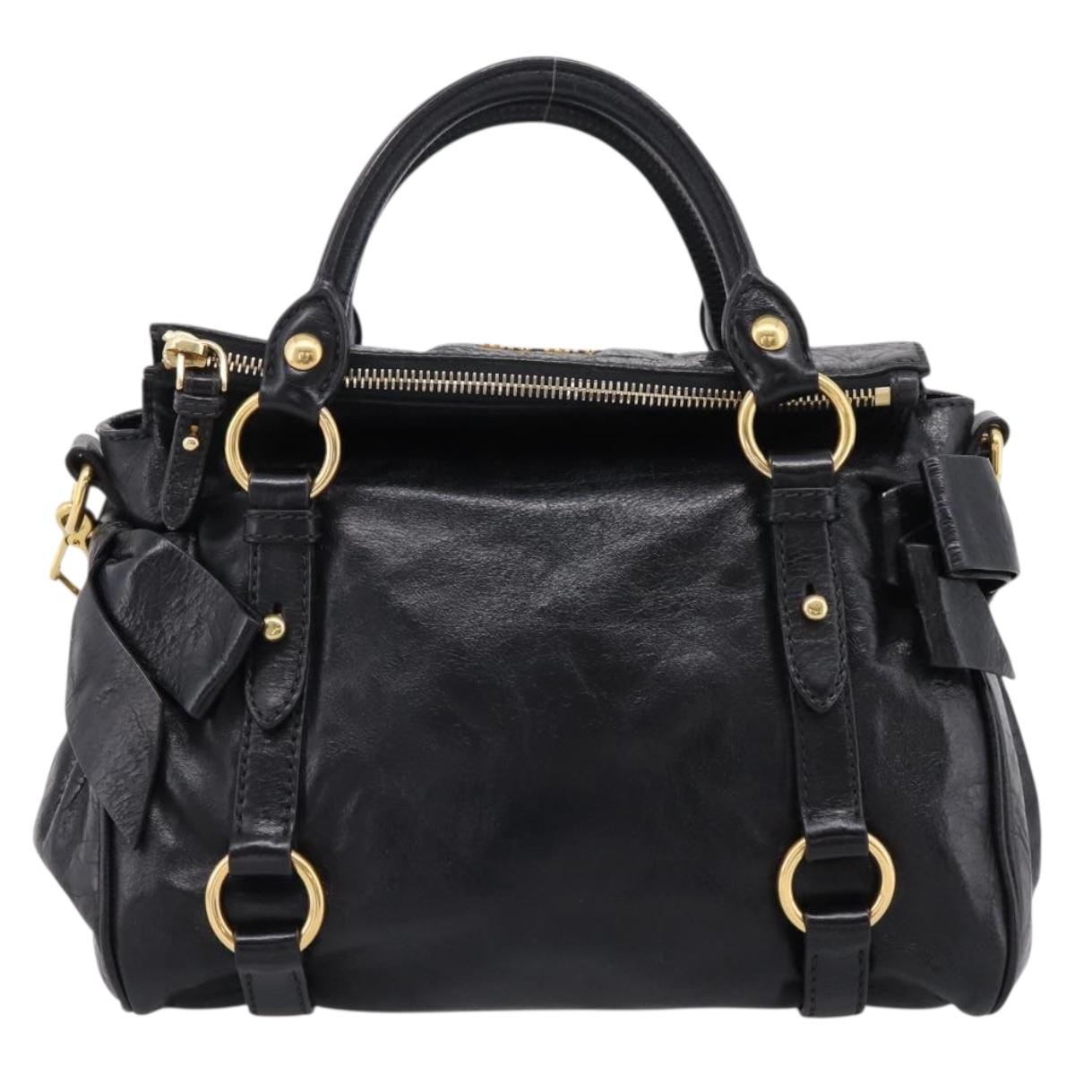 Miu Miu Side Ribbon Hand Bag Leather 2way Black Gold Auth am12763M