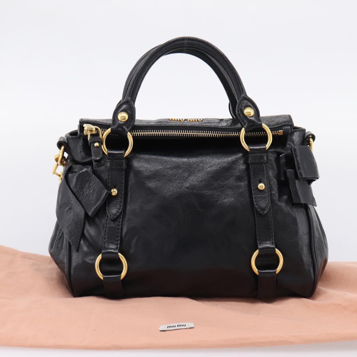 Miu Miu Side Ribbon Hand Bag Leather 2way Black Gold Auth am12763M
