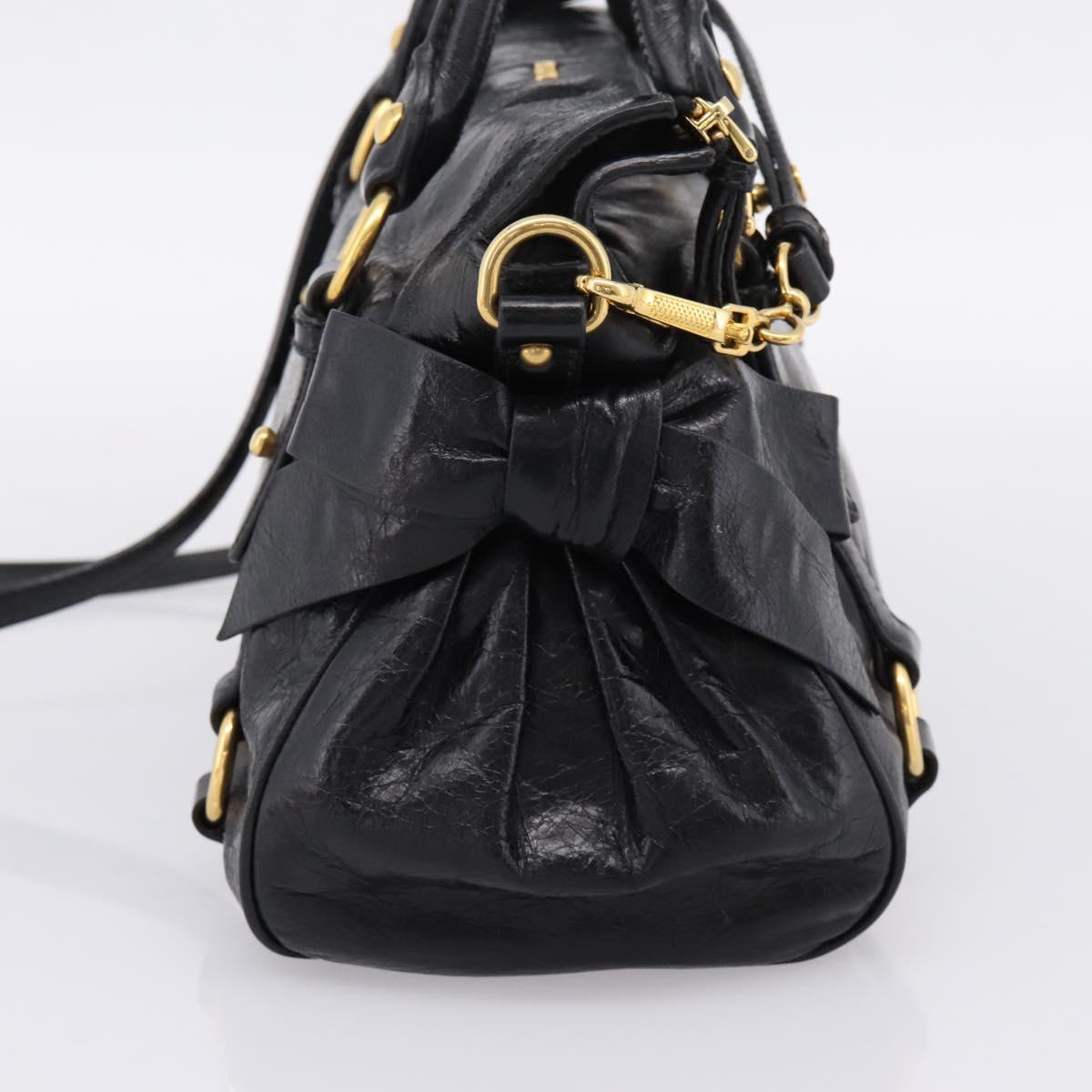 Miu Miu Side Ribbon Hand Bag Leather 2way Black Gold Auth am12763M