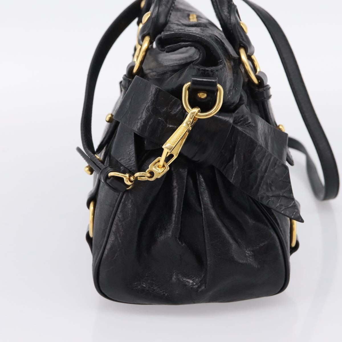 Miu Miu Side Ribbon Hand Bag Leather 2way Black Gold Auth am12763M