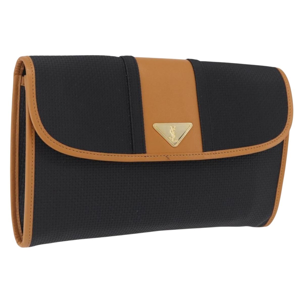 Saint Laurent Clutch Bag PVC Canvas Navy Gold Auth am12783A