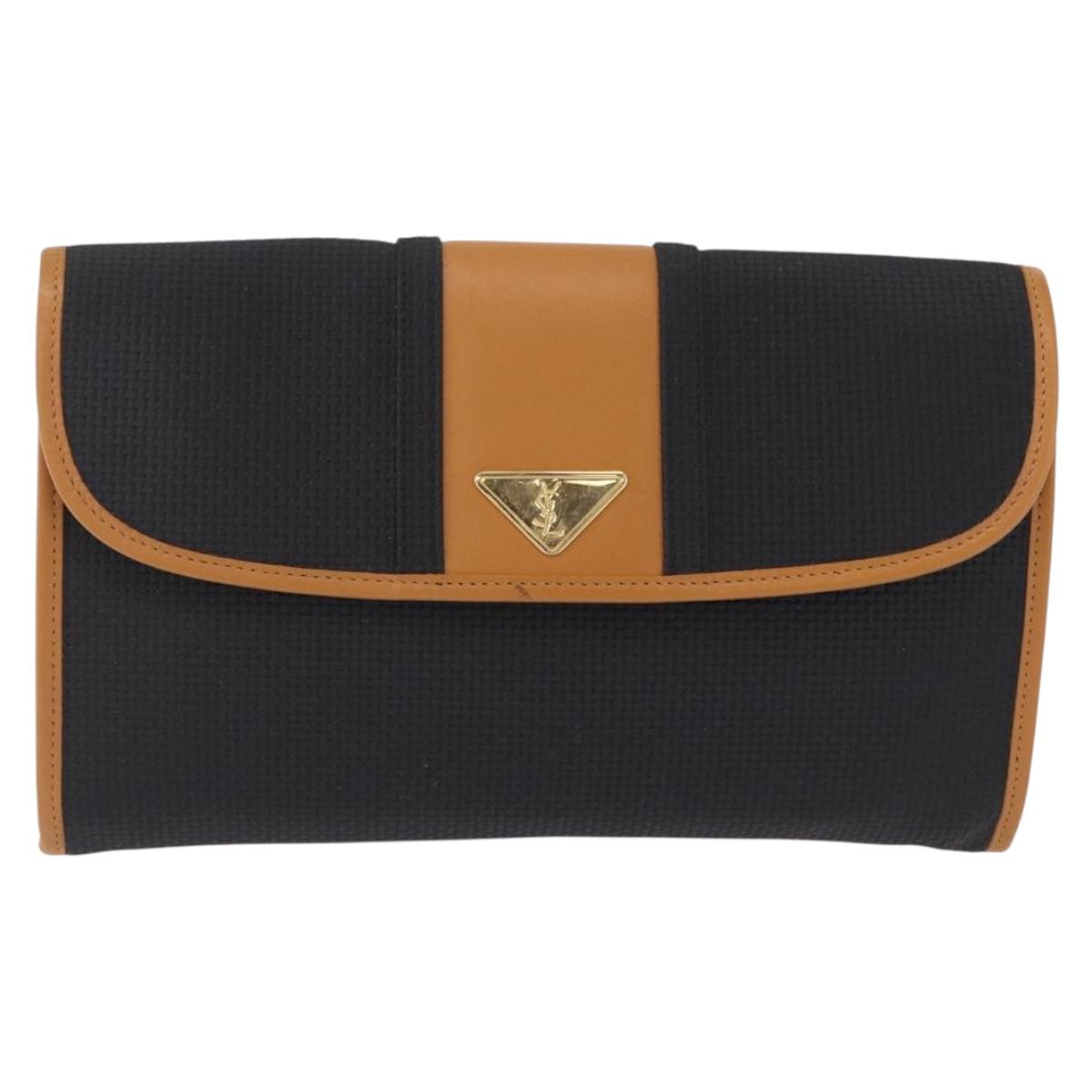 Saint Laurent Clutch Bag PVC Canvas Navy Gold Auth am12783A