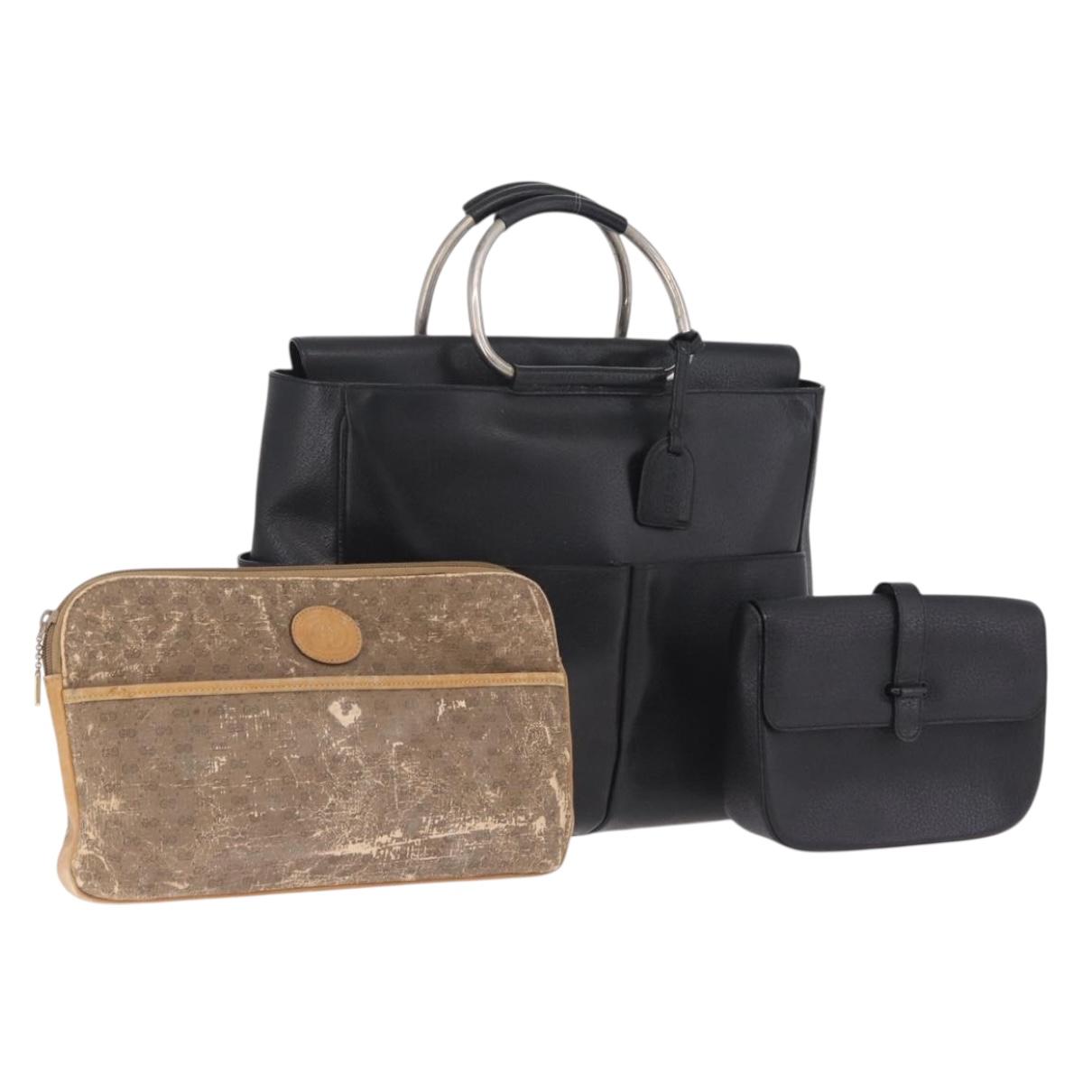 GUCCI Micro GG Clutch Bag Hand Bag Leather 3 Set Black Beige Auth am12787