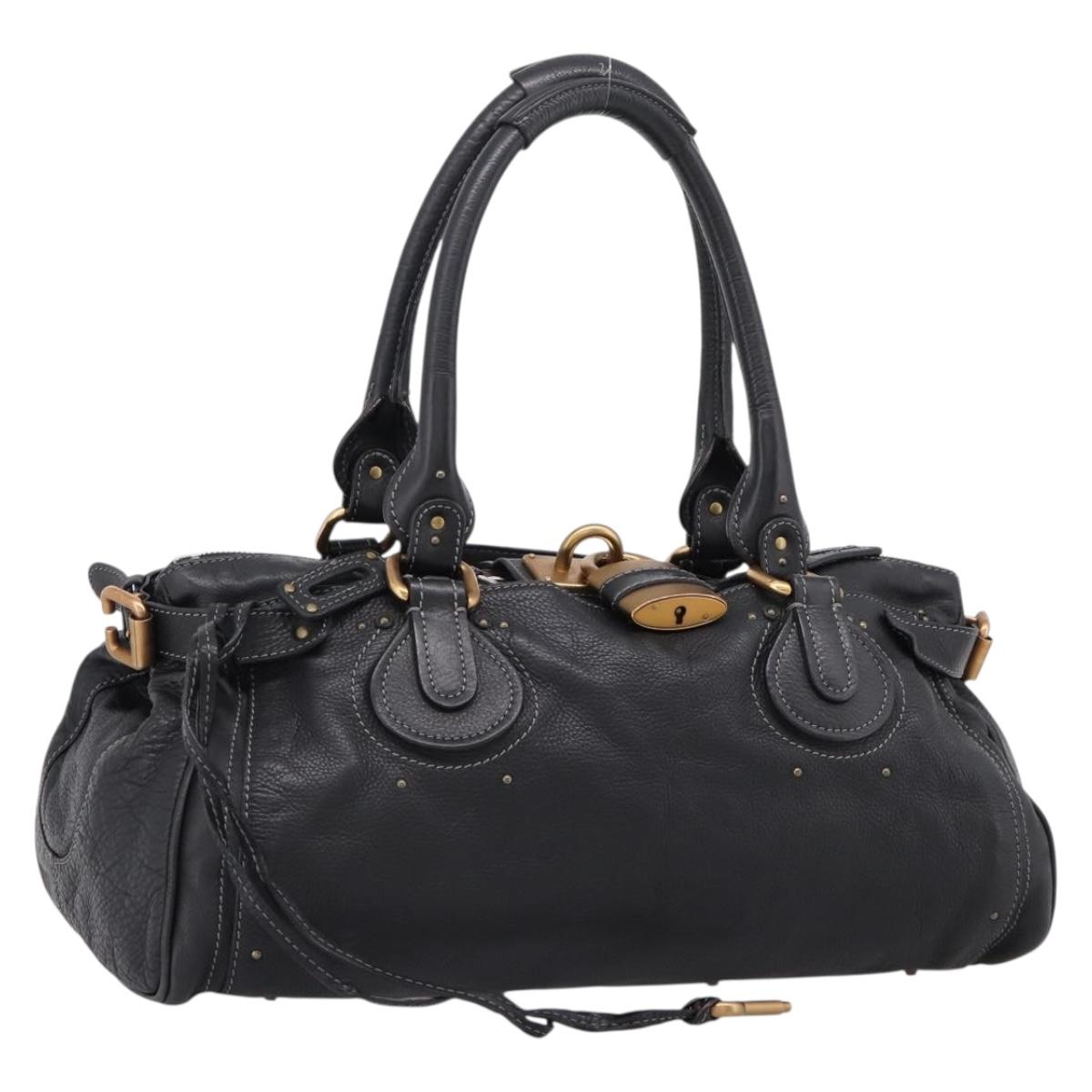 Chloe Paddington Hand Bag Leather Black Gold Tone Auth am12812V