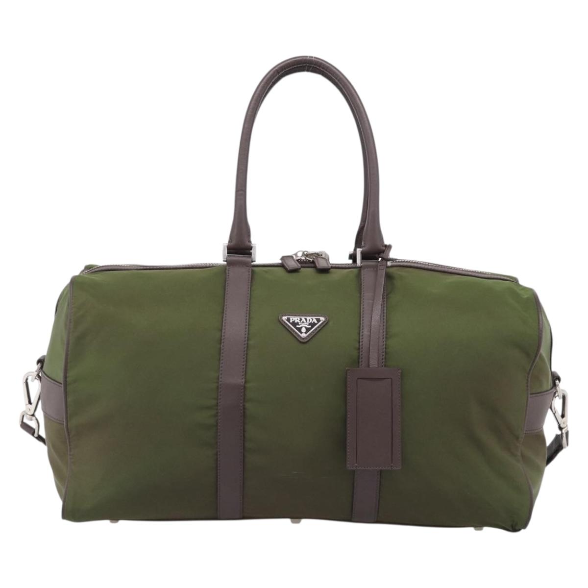PRADA Boston Bag Nylon Khaki Silver Auth am12844A