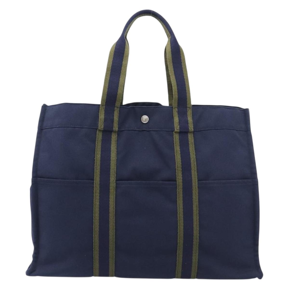 HERMES Fourre Tout MM Hand Bag Canvas Navy Silver Auth am12875V