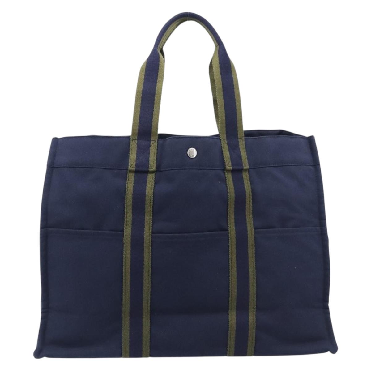 HERMES Fourre Tout MM Hand Bag Canvas Navy Silver Auth am12875V