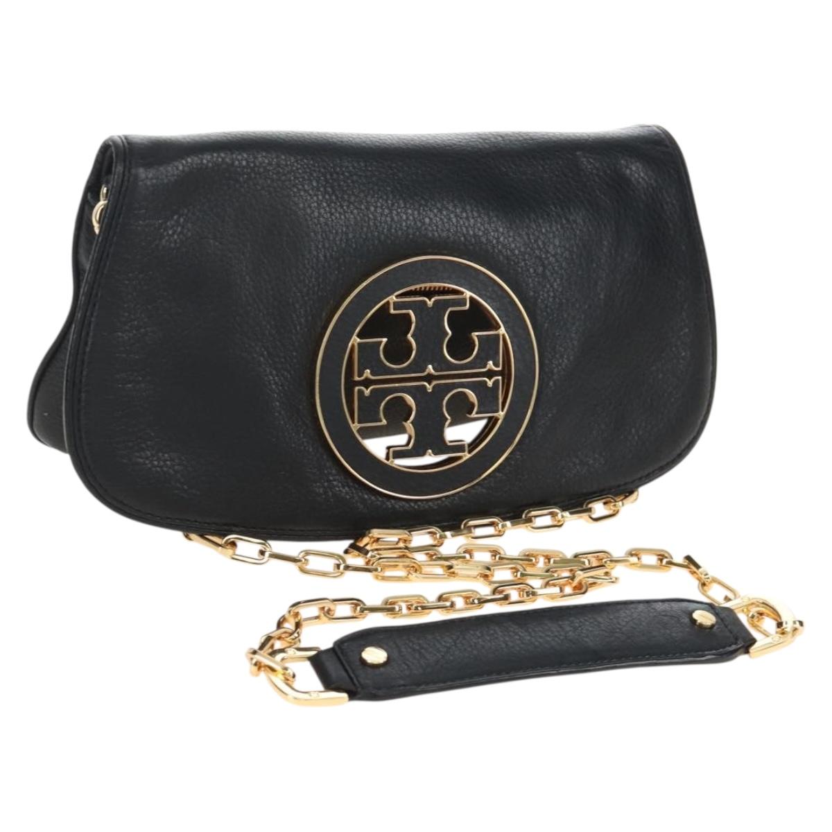 Tory Burch Chain Shoulder Bag Leather Black Gold Tone Auth am12876A