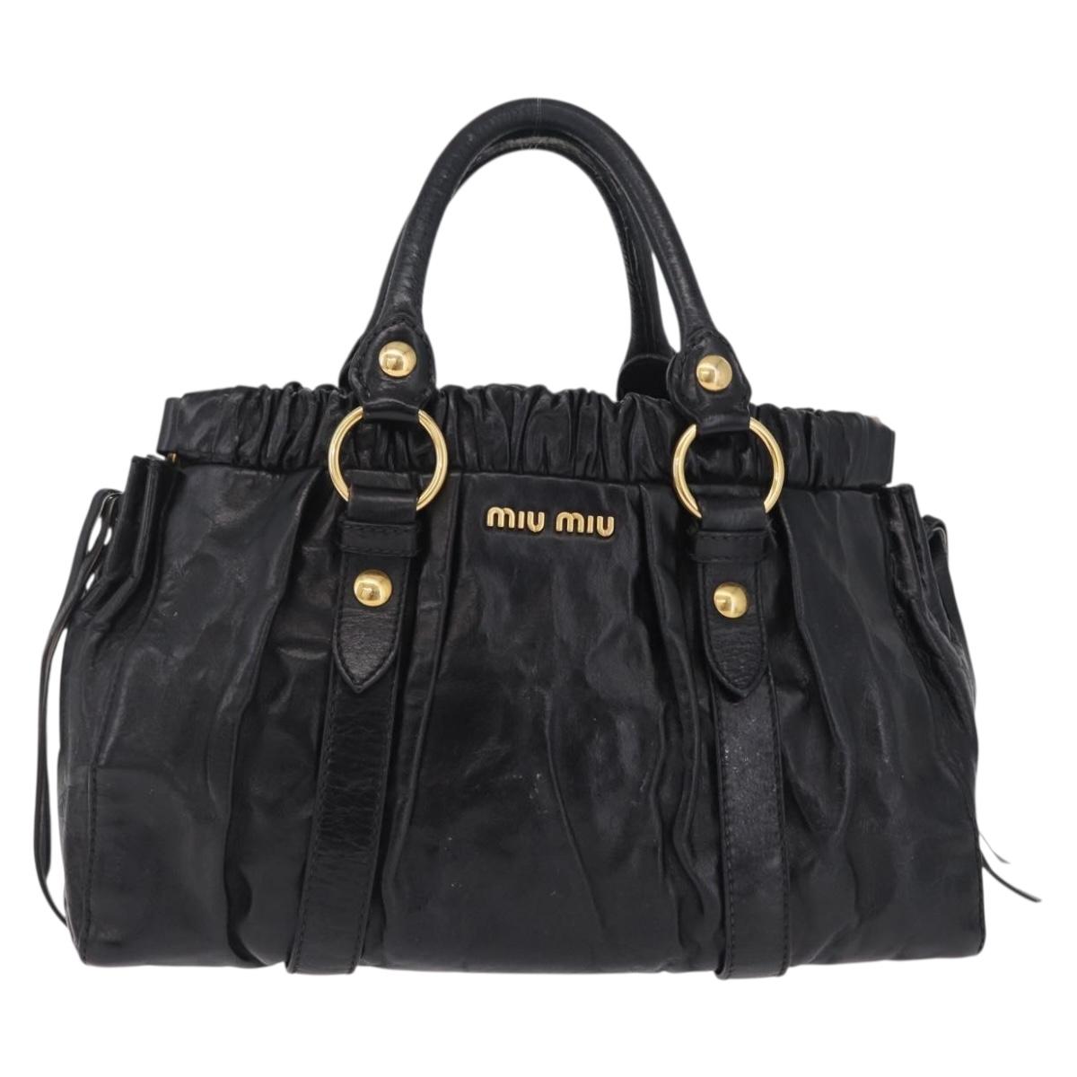 Miu Miu Side Ribbon Hand Bag Leather Black Gold Auth am12883M