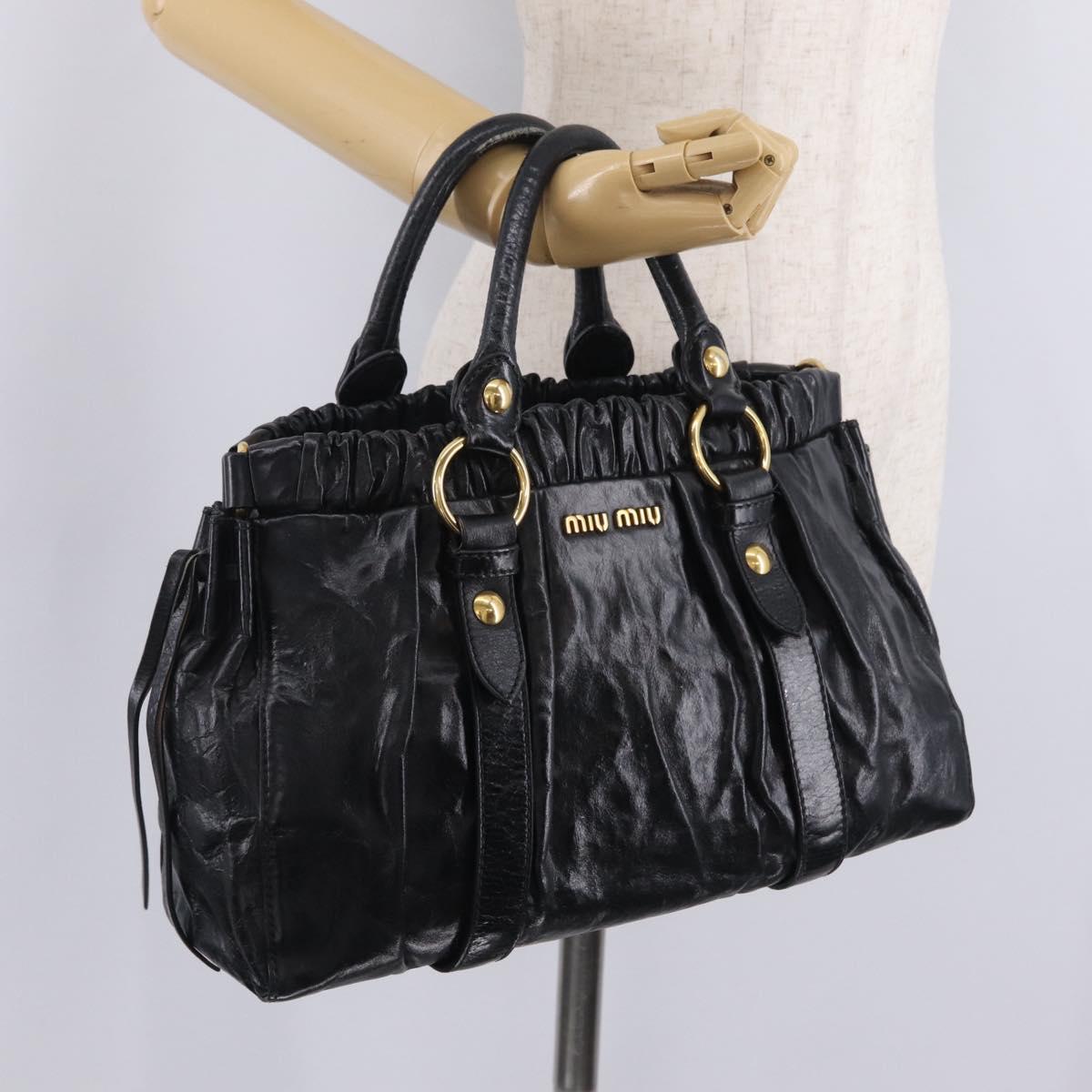 Miu Miu Side Ribbon Hand Bag Leather Black Gold Auth am12883M