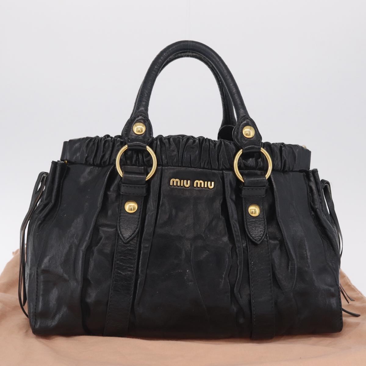 Miu Miu Side Ribbon Hand Bag Leather Black Gold Auth am12883M